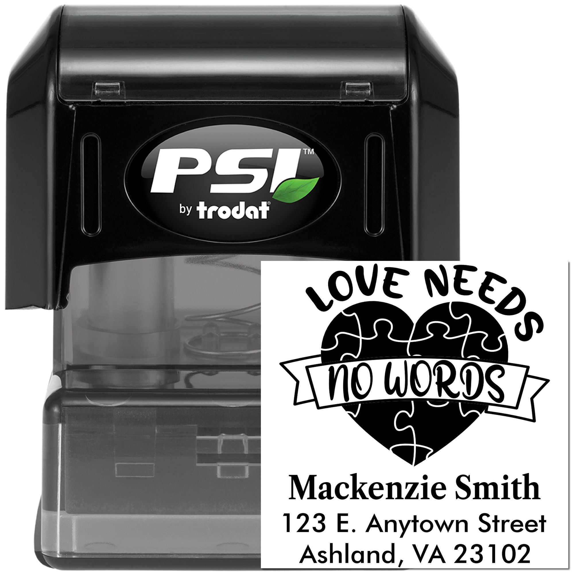 PSI by Trodat self-inking rubber stamp with custom Love Needs No Words heart puzzle return address design.