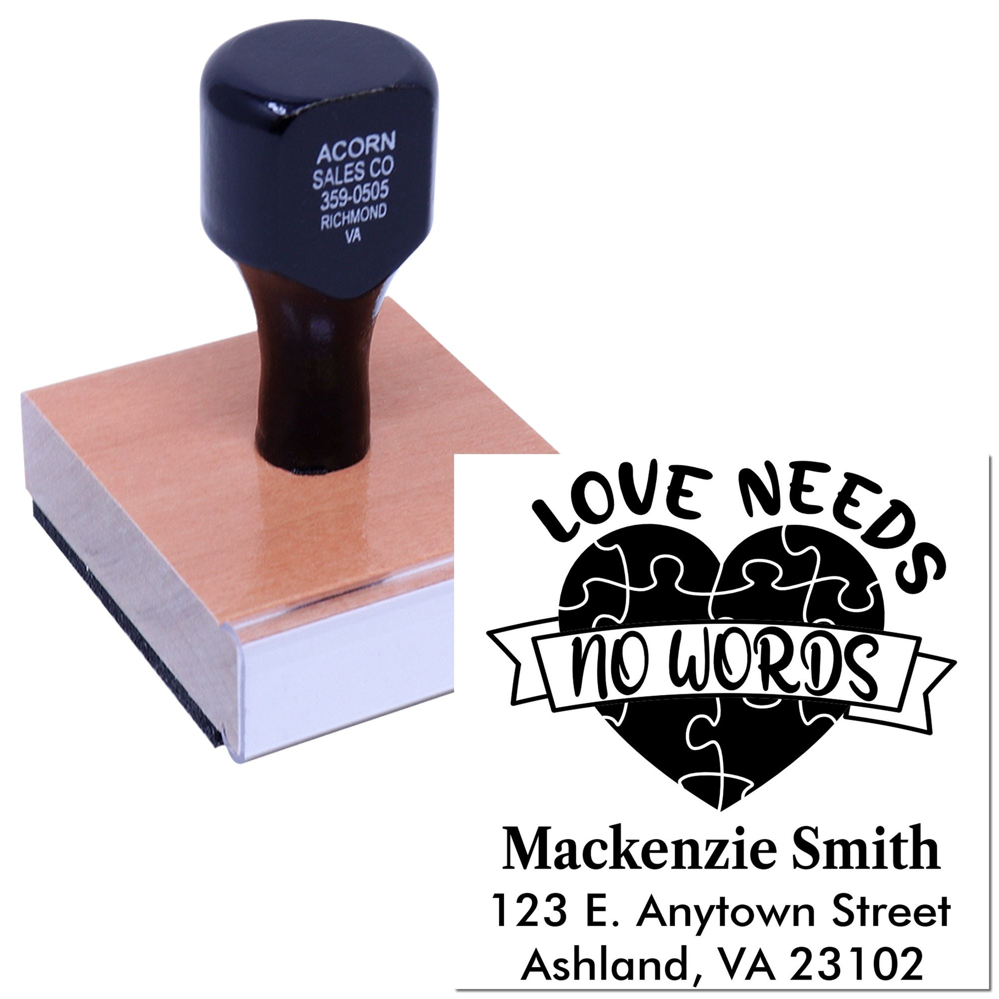 Personalized rubber stamp with Love Needs No Words heart design, name, and address for wedding stationery or favors.