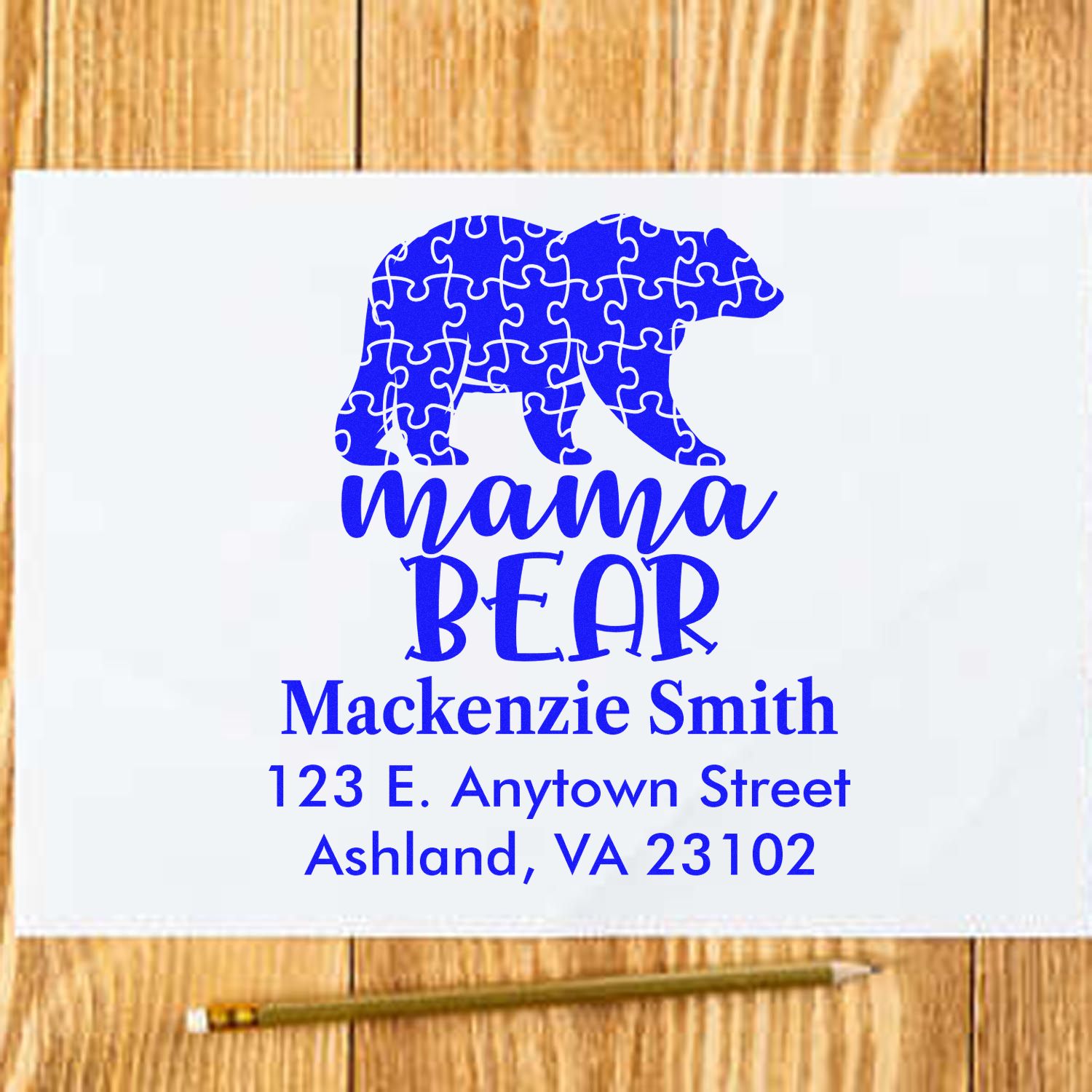 Personalized bear mama custom address rubber stamp with puzzle-piece bear design, name, and Ashland, VA return address.
