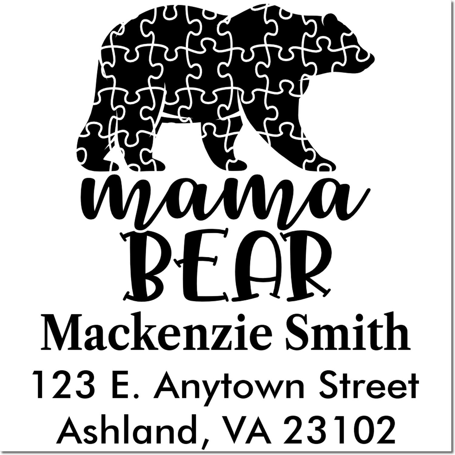 Custom mama bear return address rubber stamp with puzzle-piece bear design, Mackenzie Smith, Ashland VA.