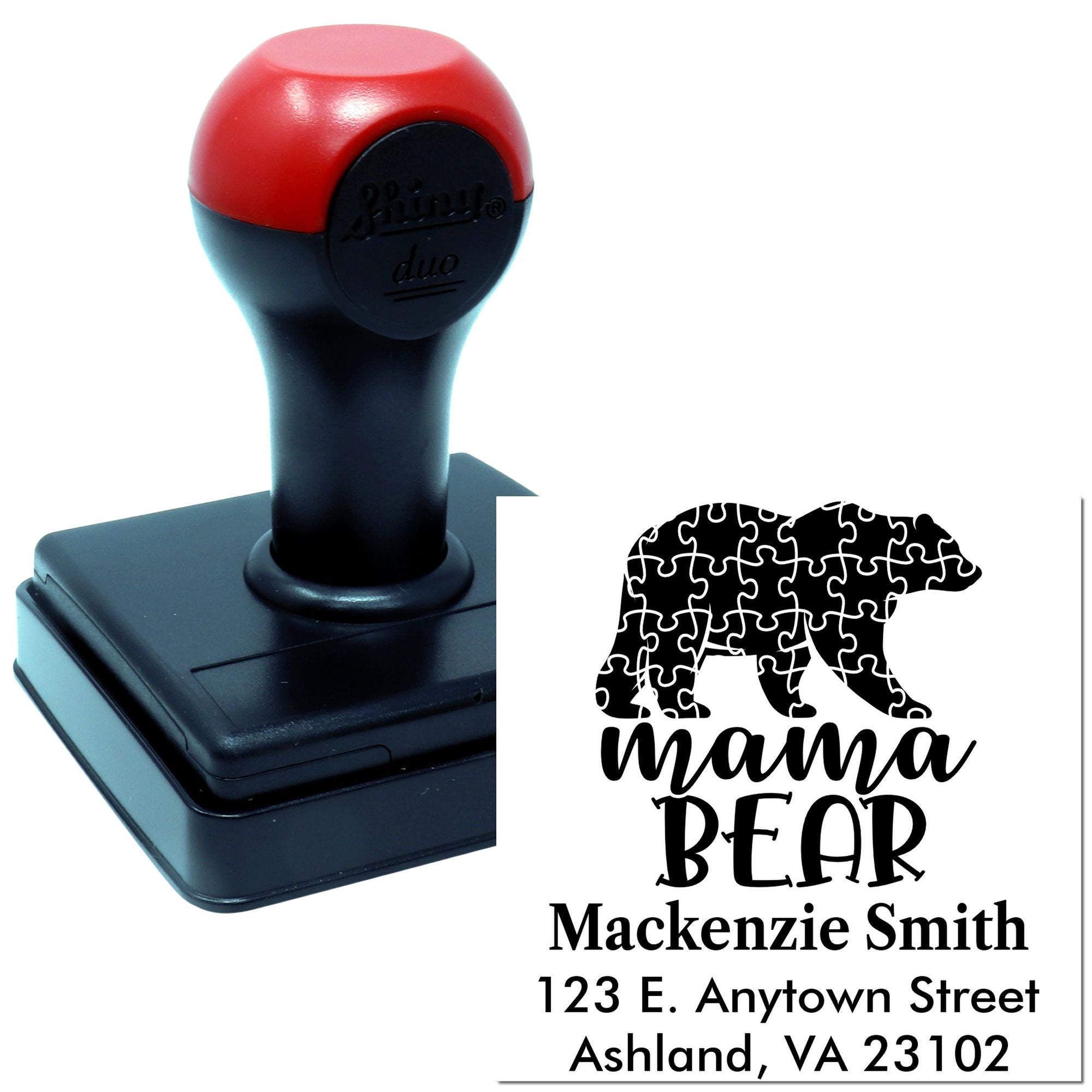 Custom self-inking rubber stamp with bear puzzle design and personalized Mama Bear address imprint.
