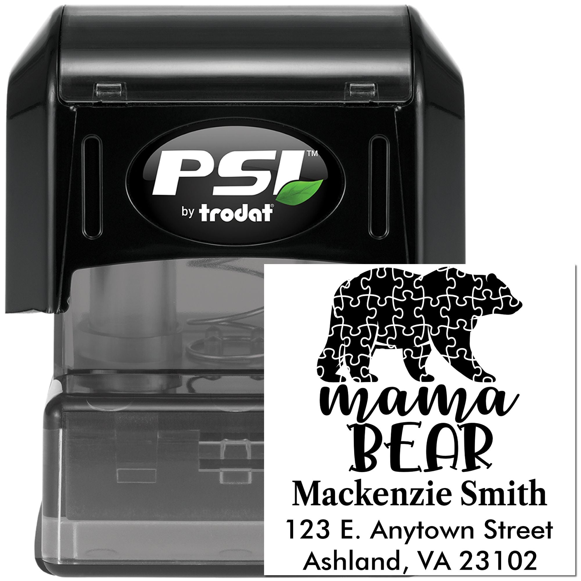 PSI by Trodat self-inking rubber stamp with custom Mama Bear address design for personalized home mailing labels.