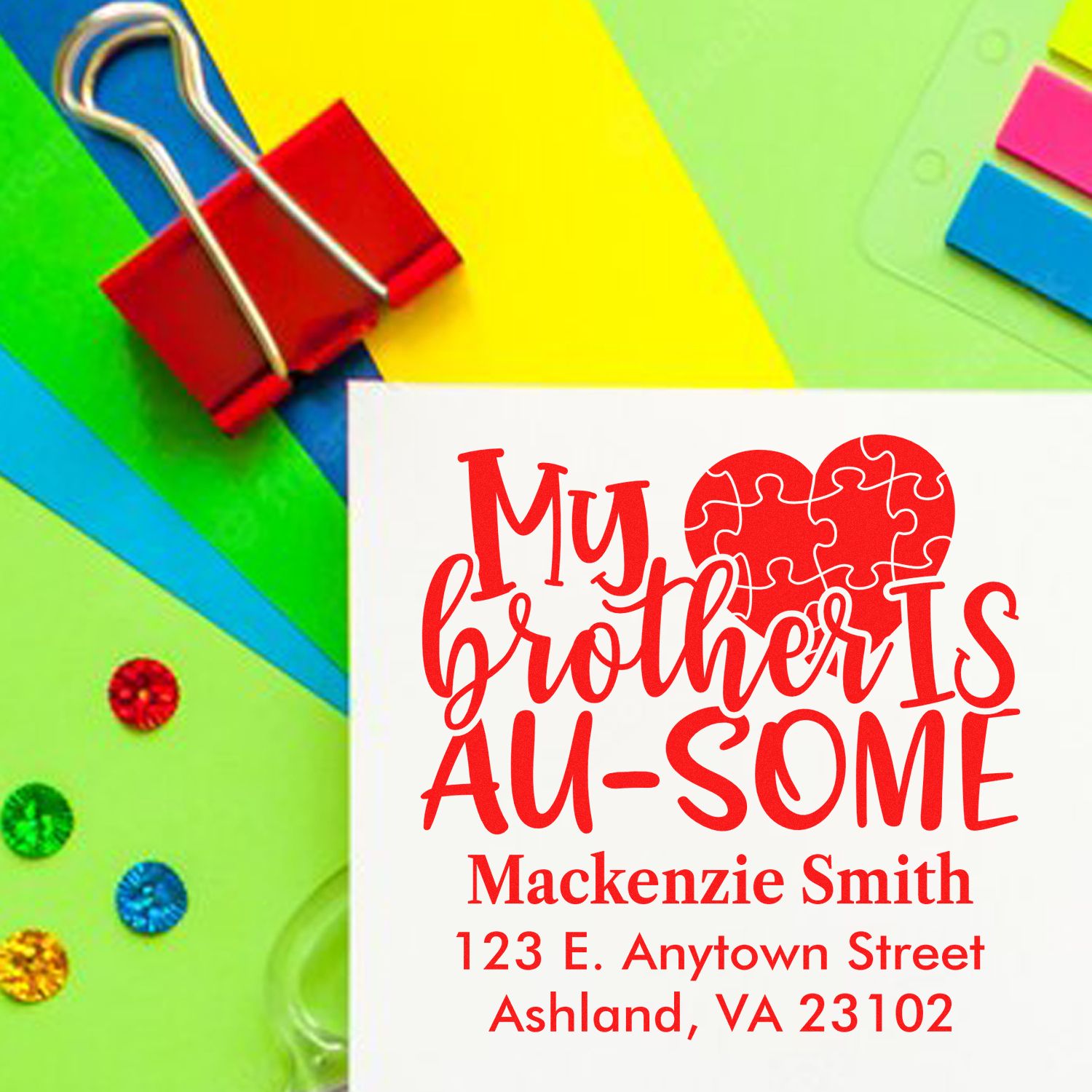 Custom rubber stamp design: My brother is AU-SOME personalized address stamp for autism awareness gifts.