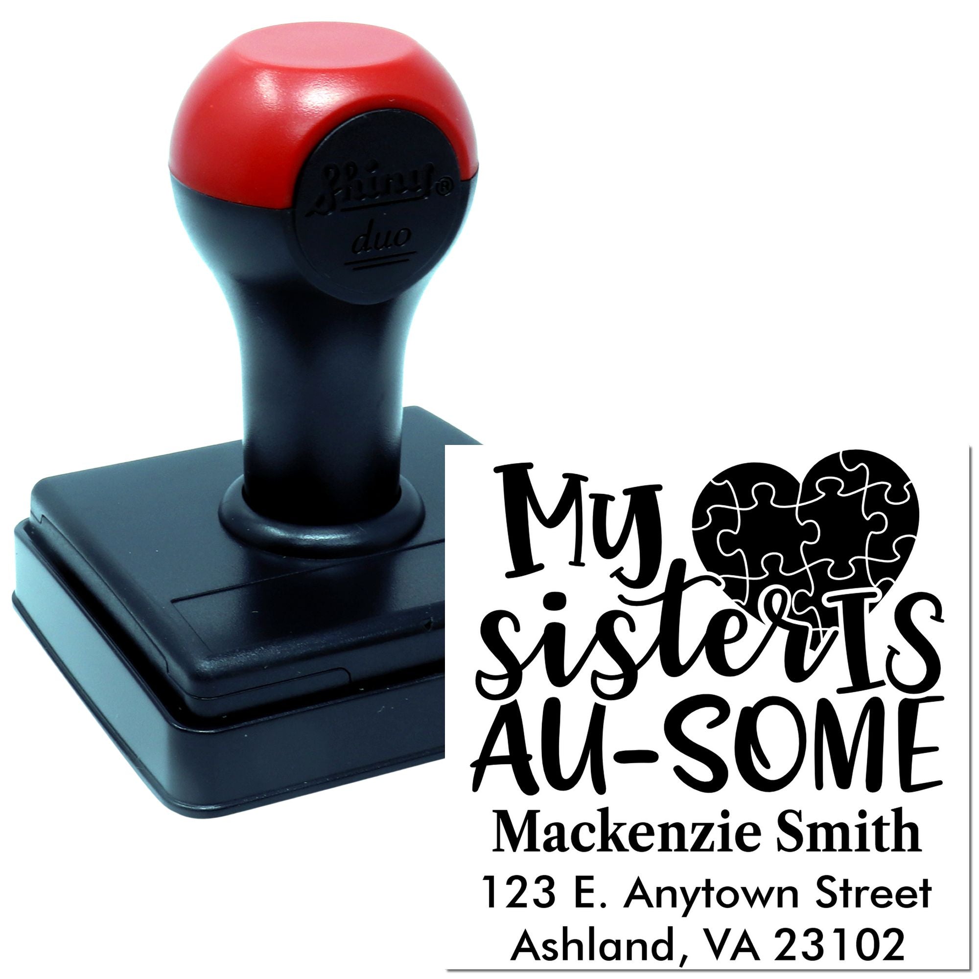 Custom self-inking rubber stamp for personalized return address and My sisters are awesome message.