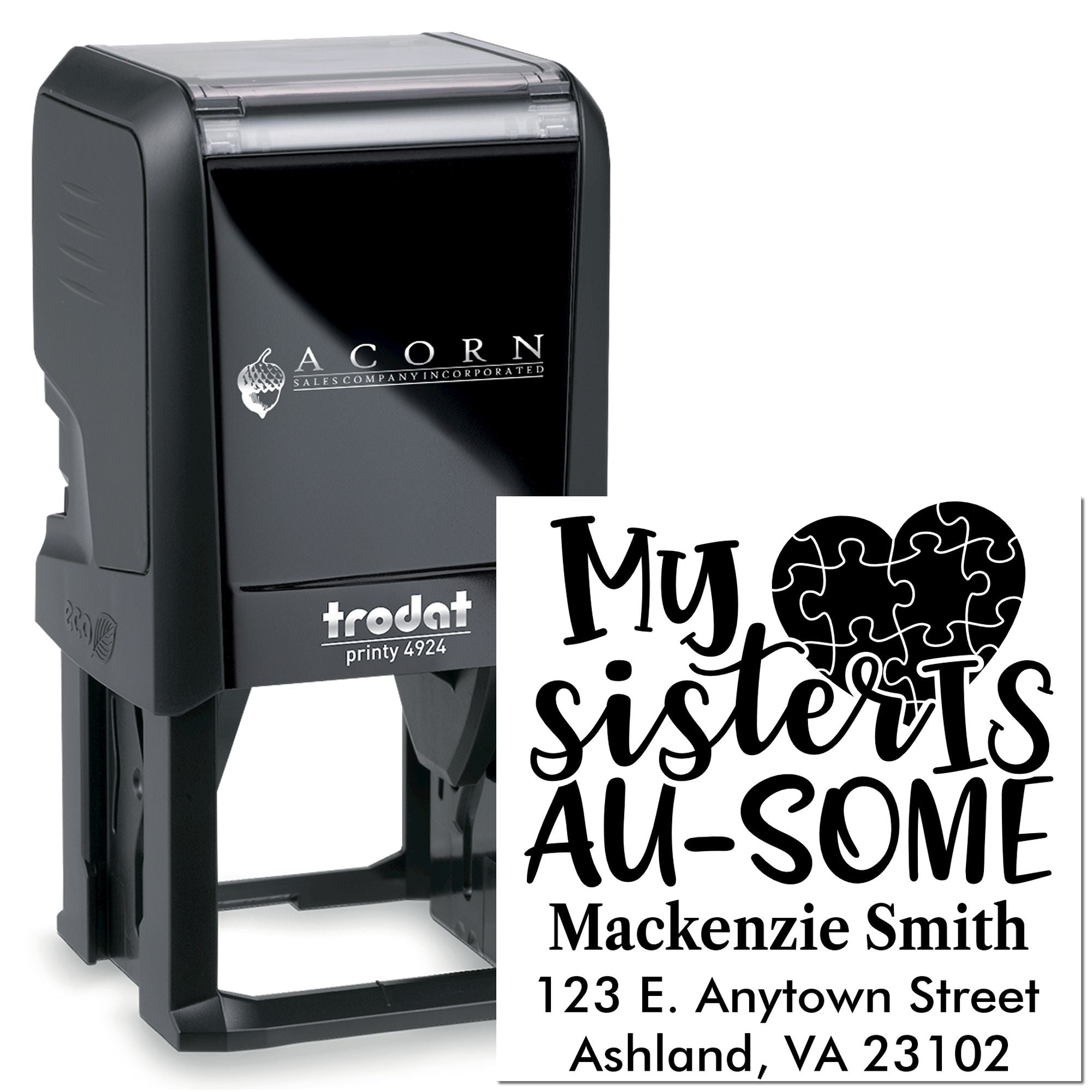 Trodat self-inking rubber stamp with My Sisters Are Awesome custom return address design for personalized gifts and crafts.