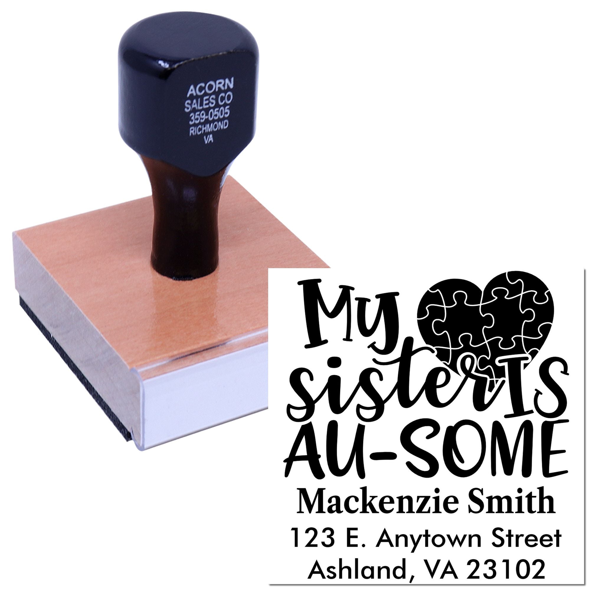 Personalized rubber stamp with My sisters are some design, heart graphic, name, and address for gifts or crafts.