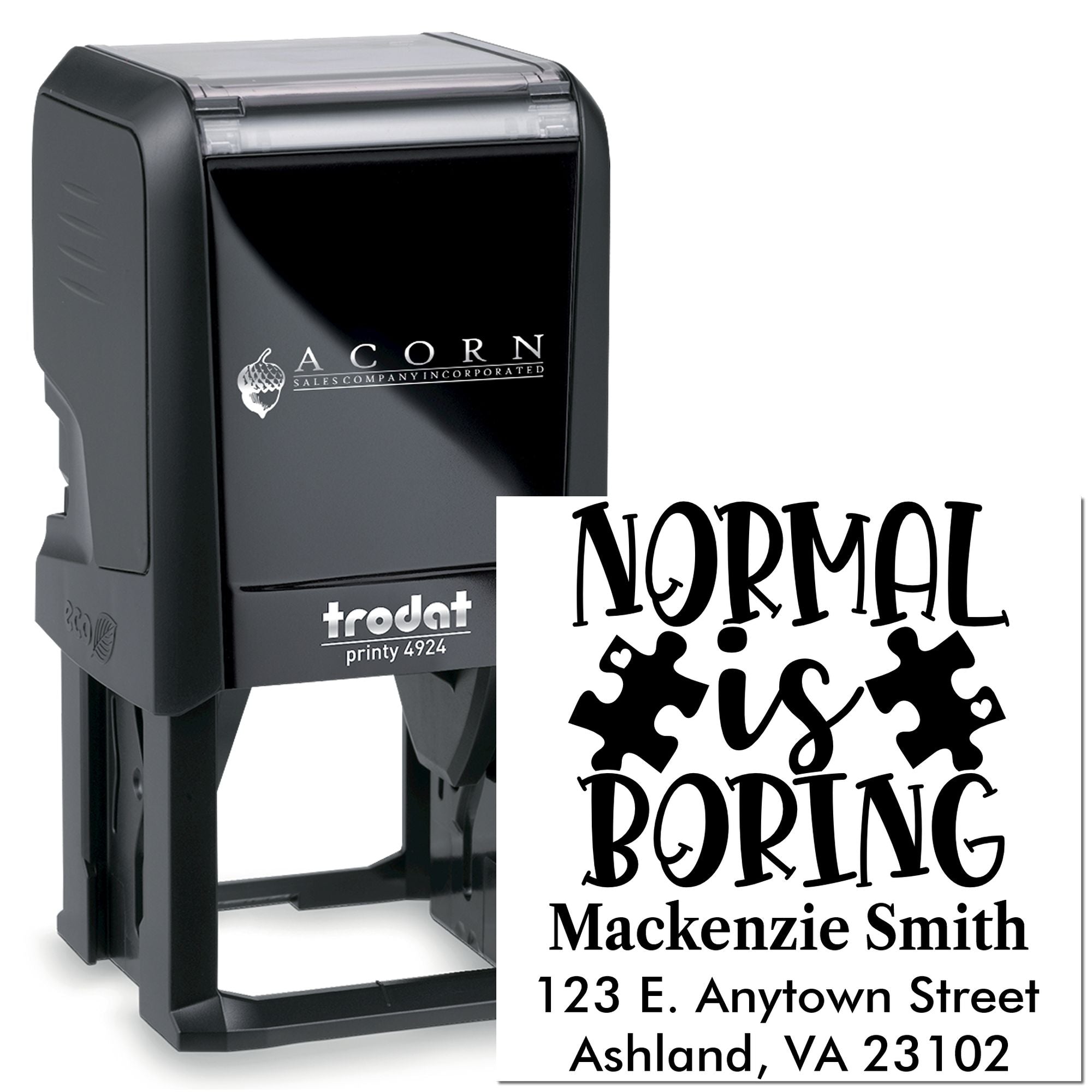 Trodat Printy 4924 custom self-inking rubber stamp with Normal is Boring design, name, and address.