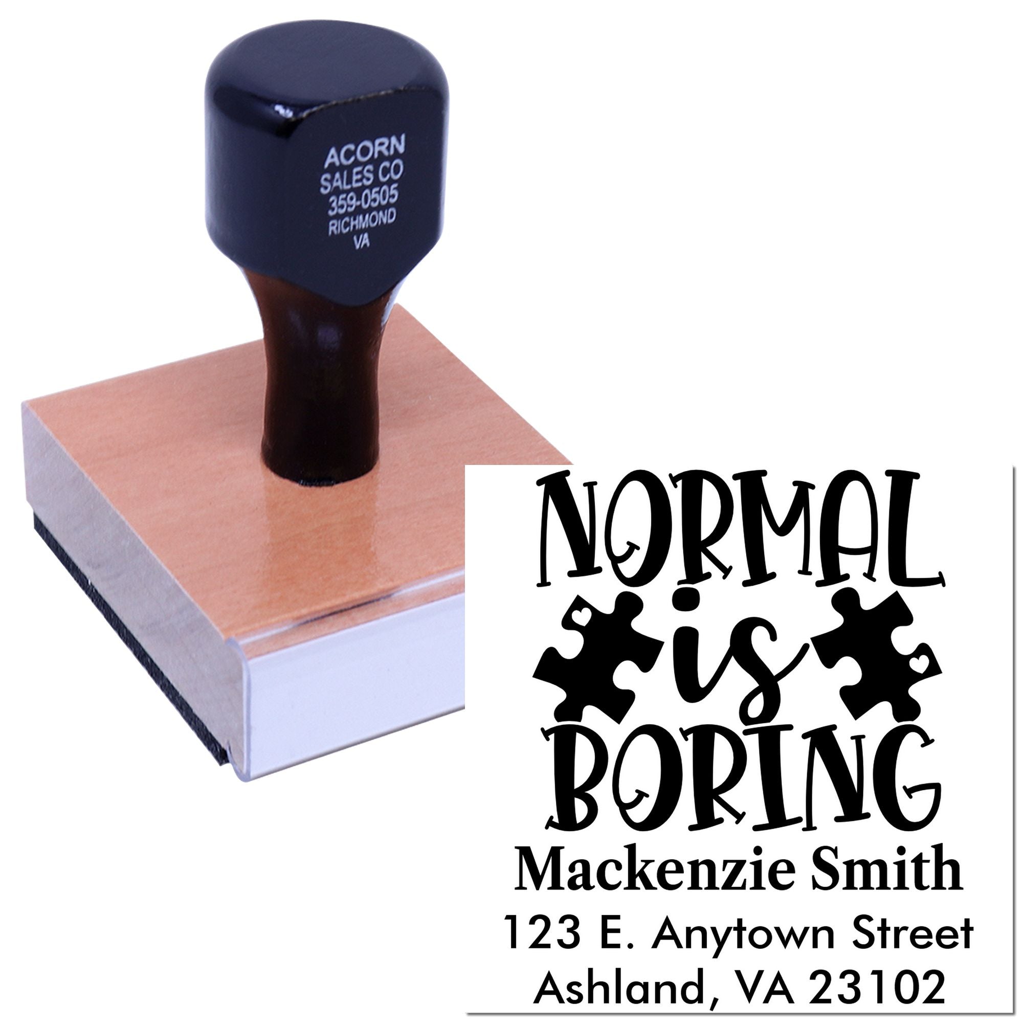 Custom rubber stamp with Normal is Boring design and address details, ideal for personalized business stamping.
