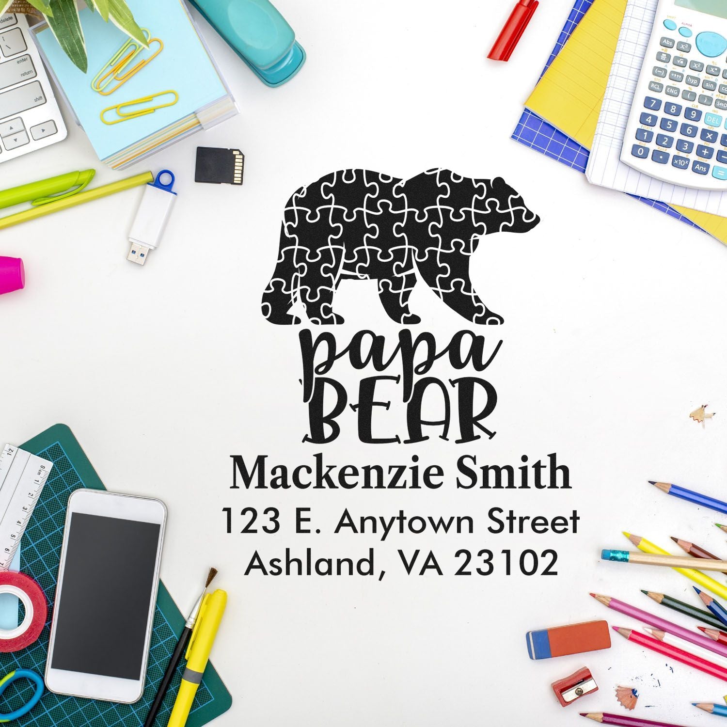 Personalized Papa Bear rubber stamp with puzzle-bear design, custom name, and address for family mailings.