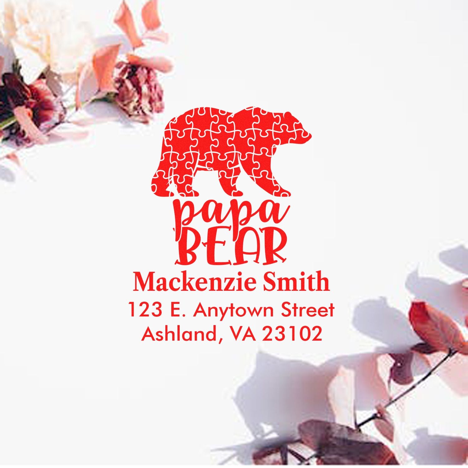 Custom bear return address rubber stamp for Mackenzie Smith, Ashland, VA 23102.