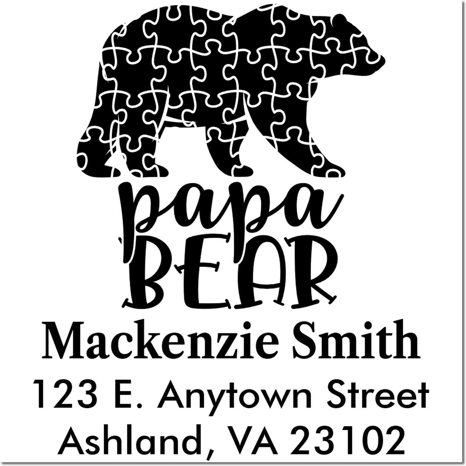 Custom personalized address rubber stamp with puzzle bear graphic, Papa Bear title, and family name and address.