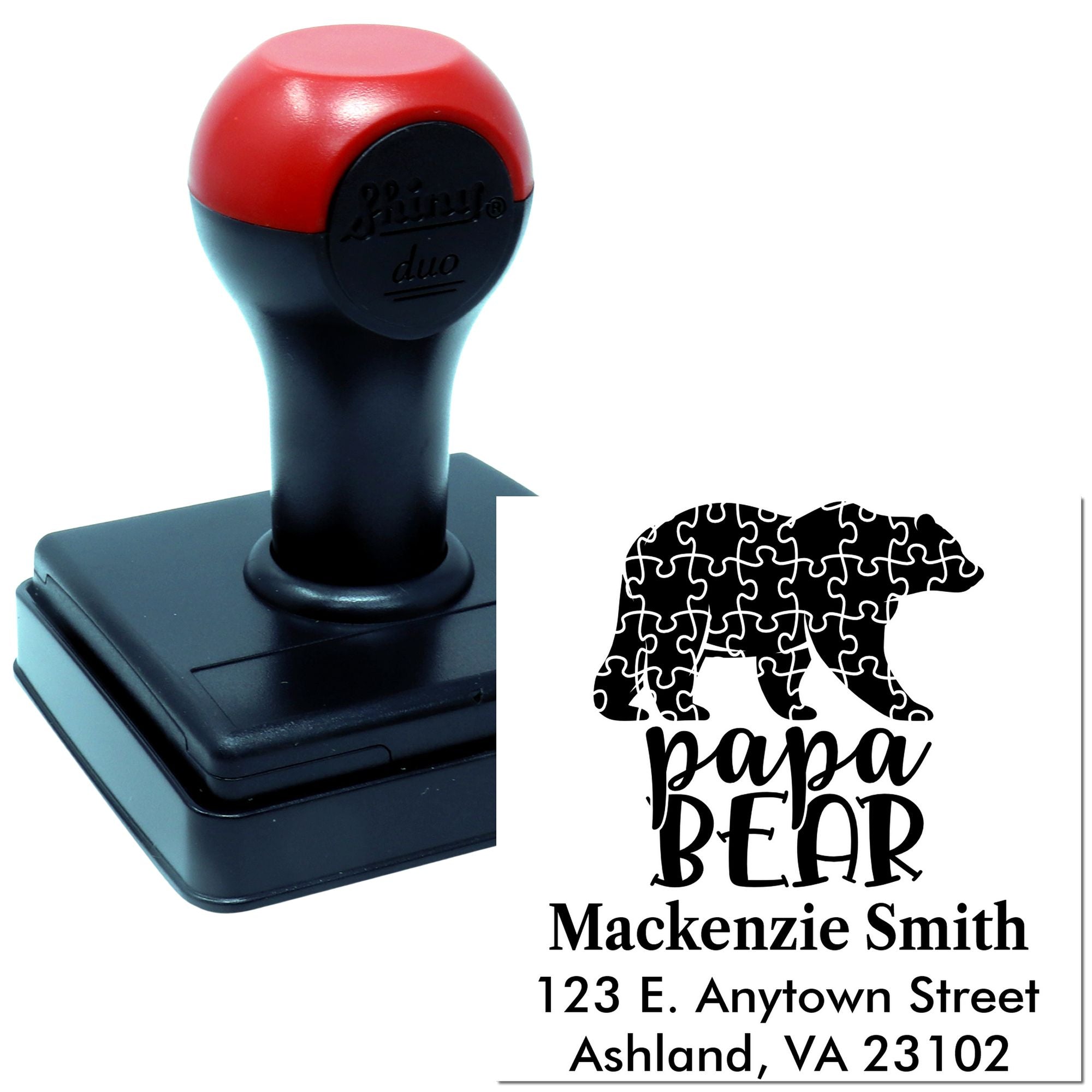 Custom self-inking rubber stamp featuring a Papa Bear design with personalized name and address for mail and craft use.