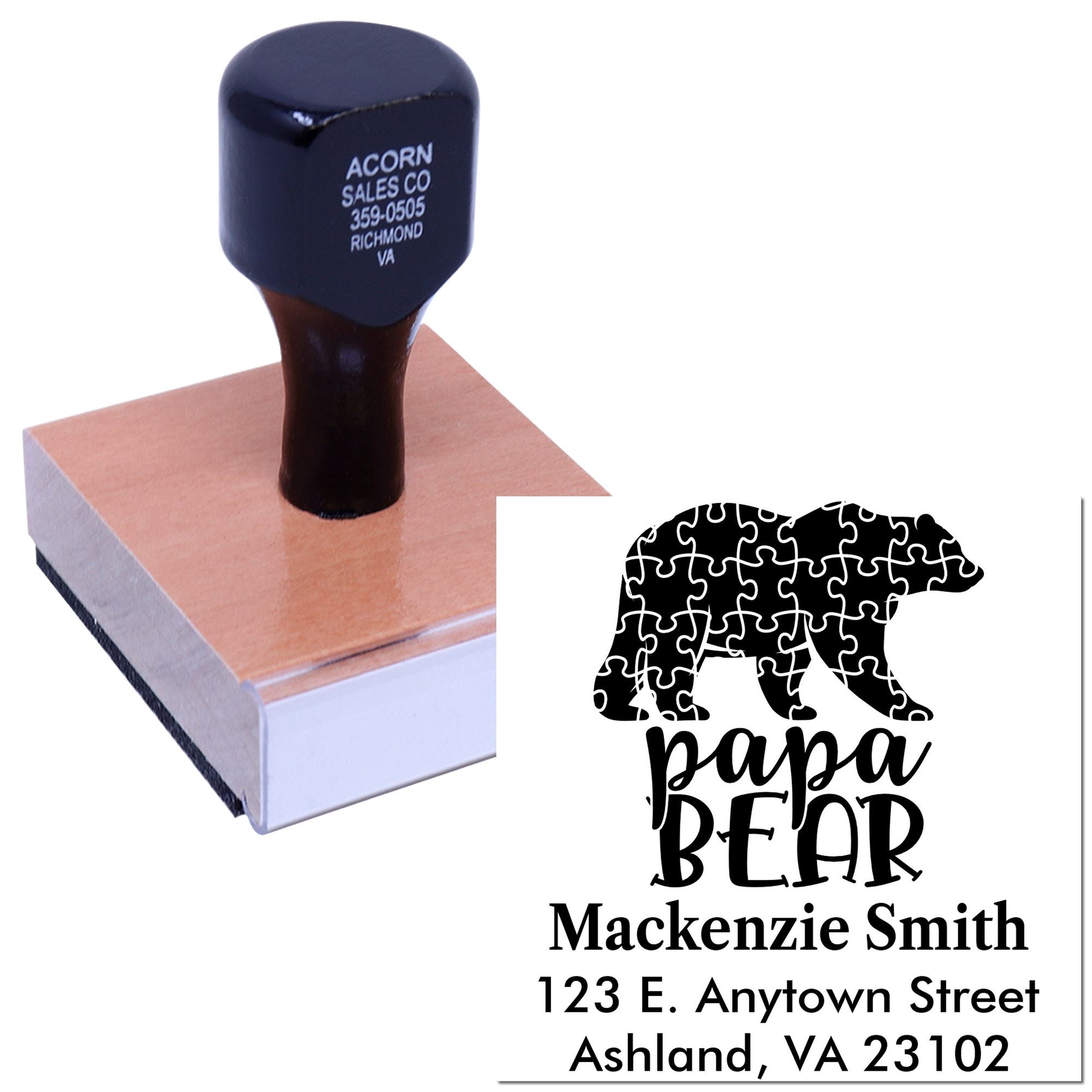 Custom Papa Bear rubber stamp with address and bear puzzle design for personalized mailing and family stationery.