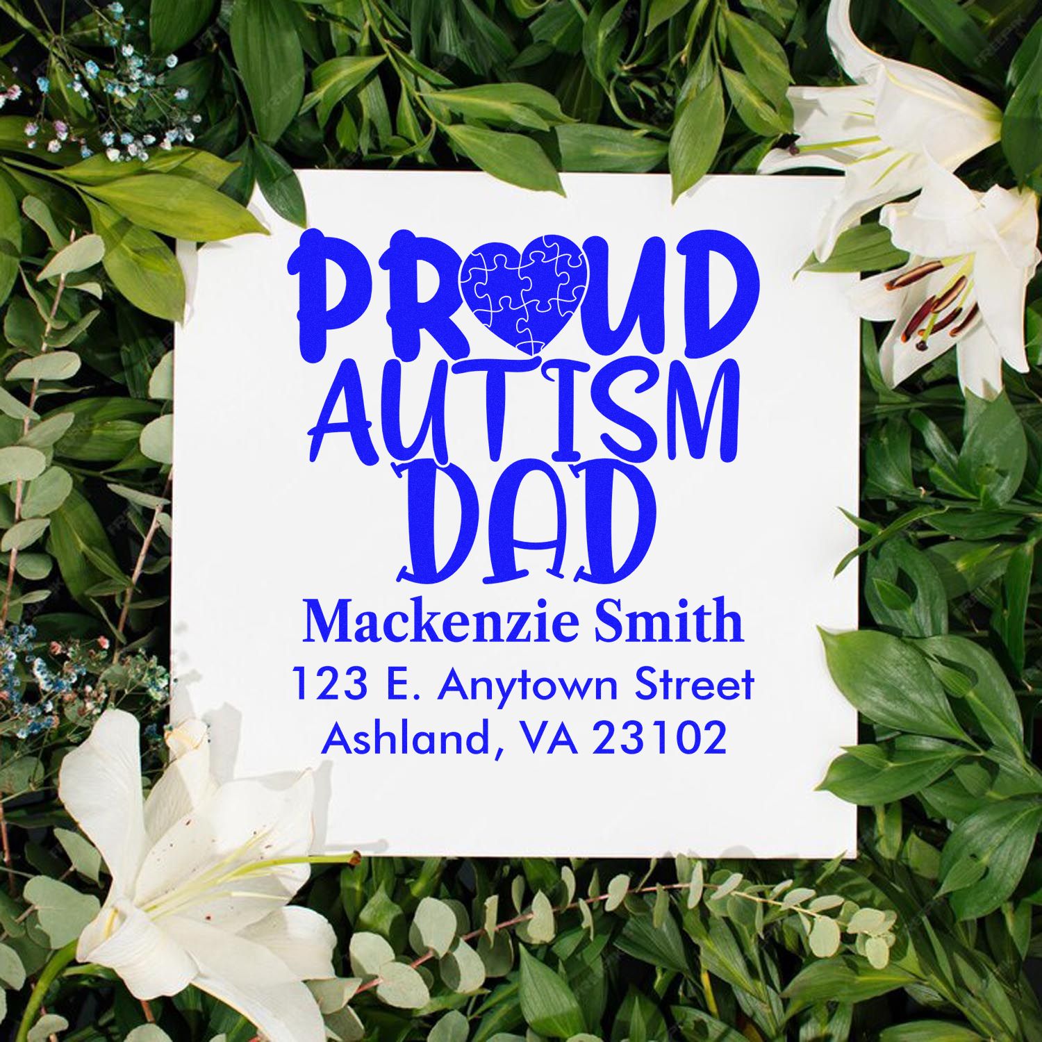 Personalized Proud Autism Dad rubber stamp with name and address for custom mailing.