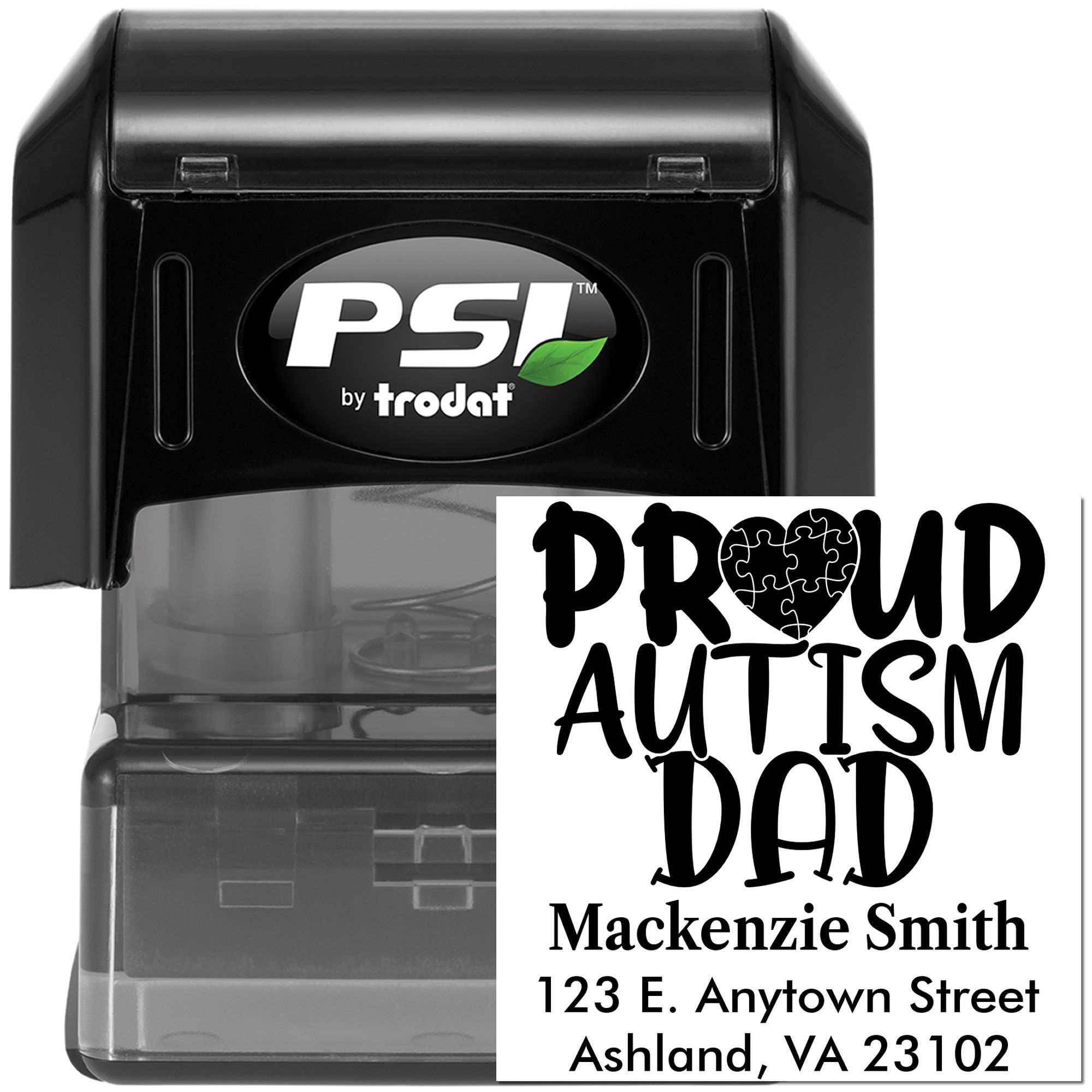 Custom self-inking rubber stamp with Proud Autism Dad design and address, PSI by Trodat stamp for personalized mailing labels.