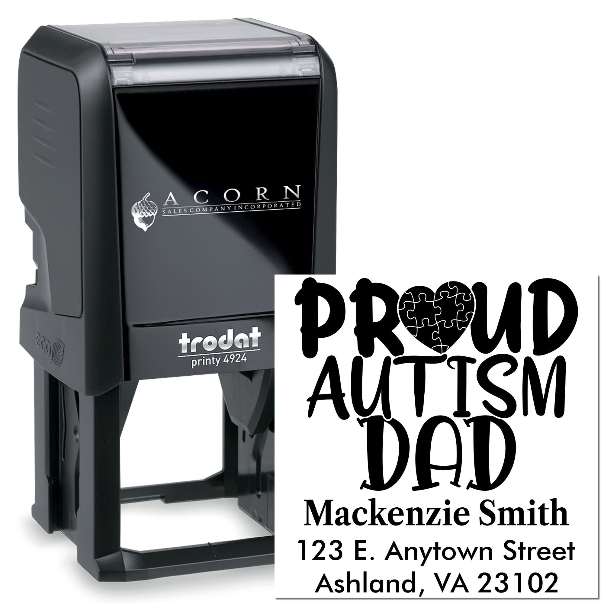 Custom self-inking rubber stamp for Proud Autism Dad, personalized with name and address for mailing and gift use.