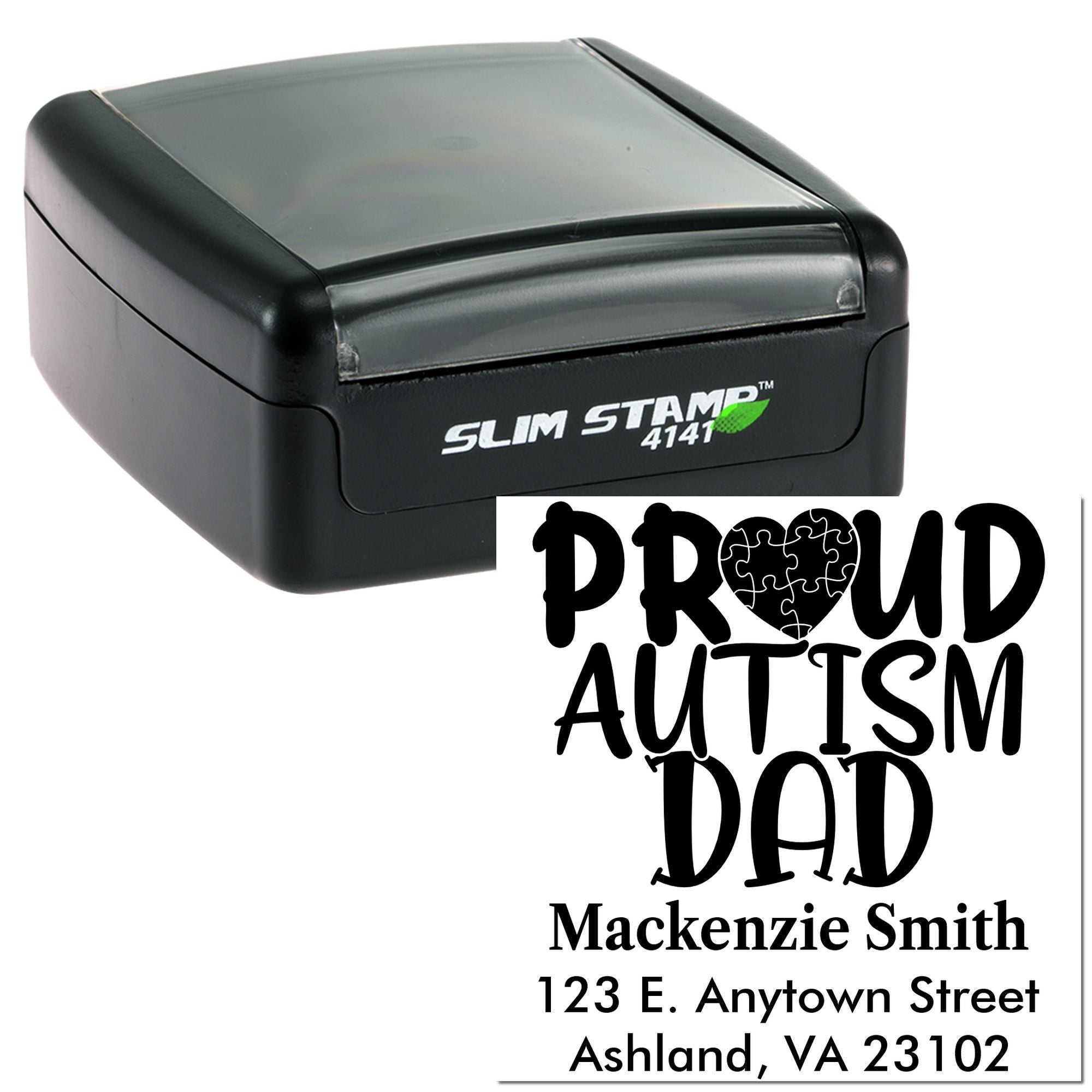 Custom self-inking rubber address stamp with Proud Autism Dad design
