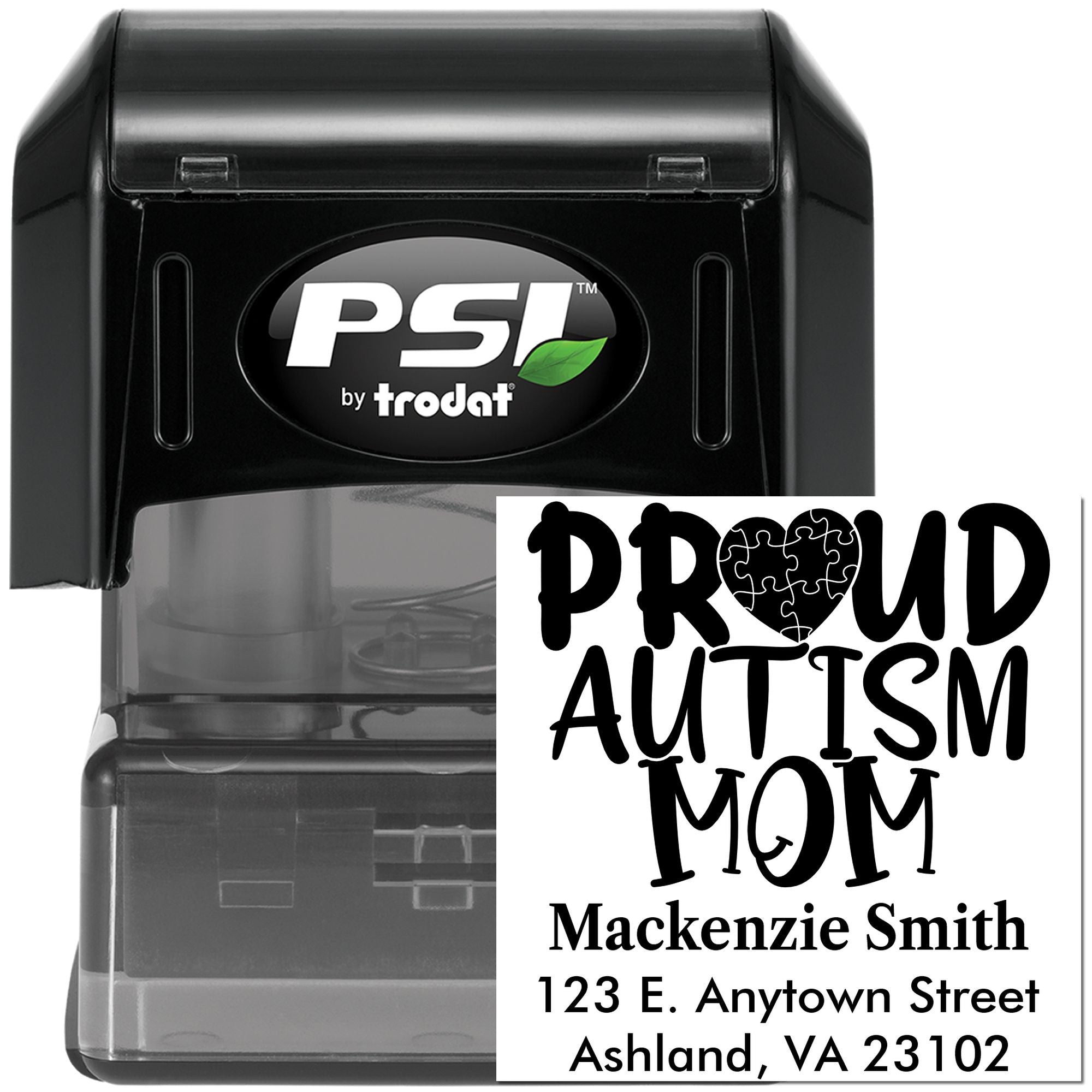 Custom self-inking rubber stamp with Proud Autism Mom design and return address, PSI by Trodat.