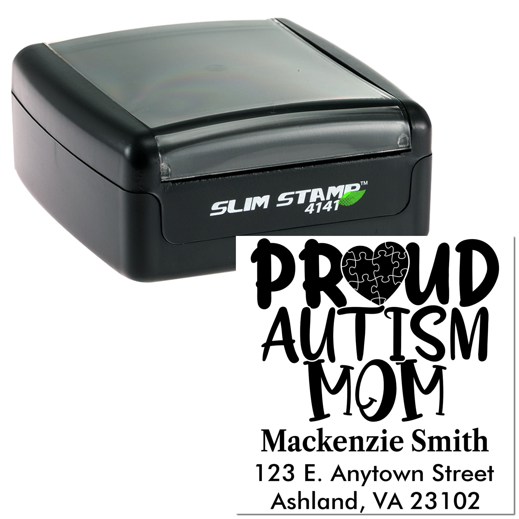 Custom self-inking rubber stamp for Proud Autism Mom with name and address, Slim Stamp 4141.