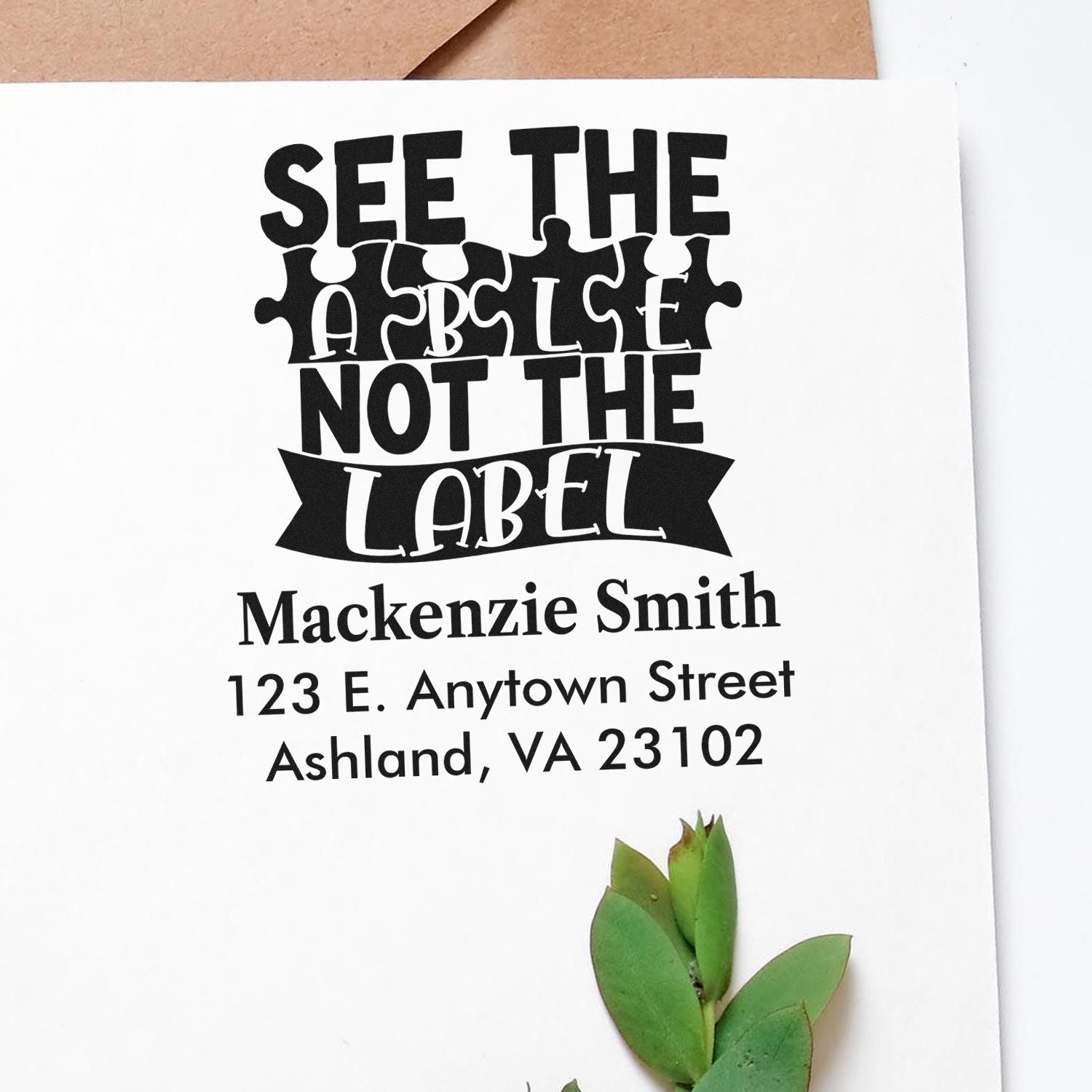 Personalized rubber stamp with See the able not the label design and return address for Mackenzie Smith, Ashland VA