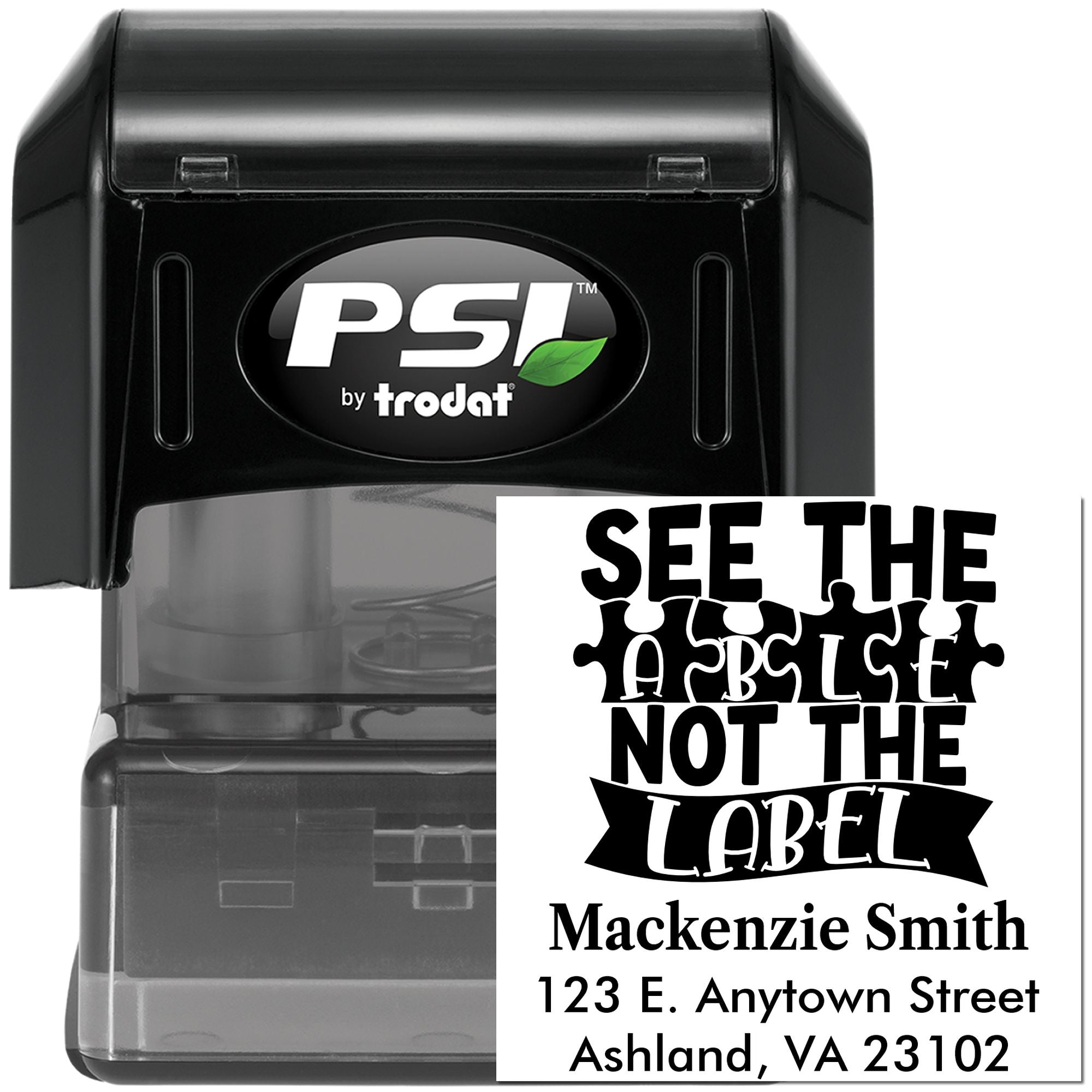 PSI by Trodat self-inking custom rubber stamp with sample address label design for packaging, mailing, and branding