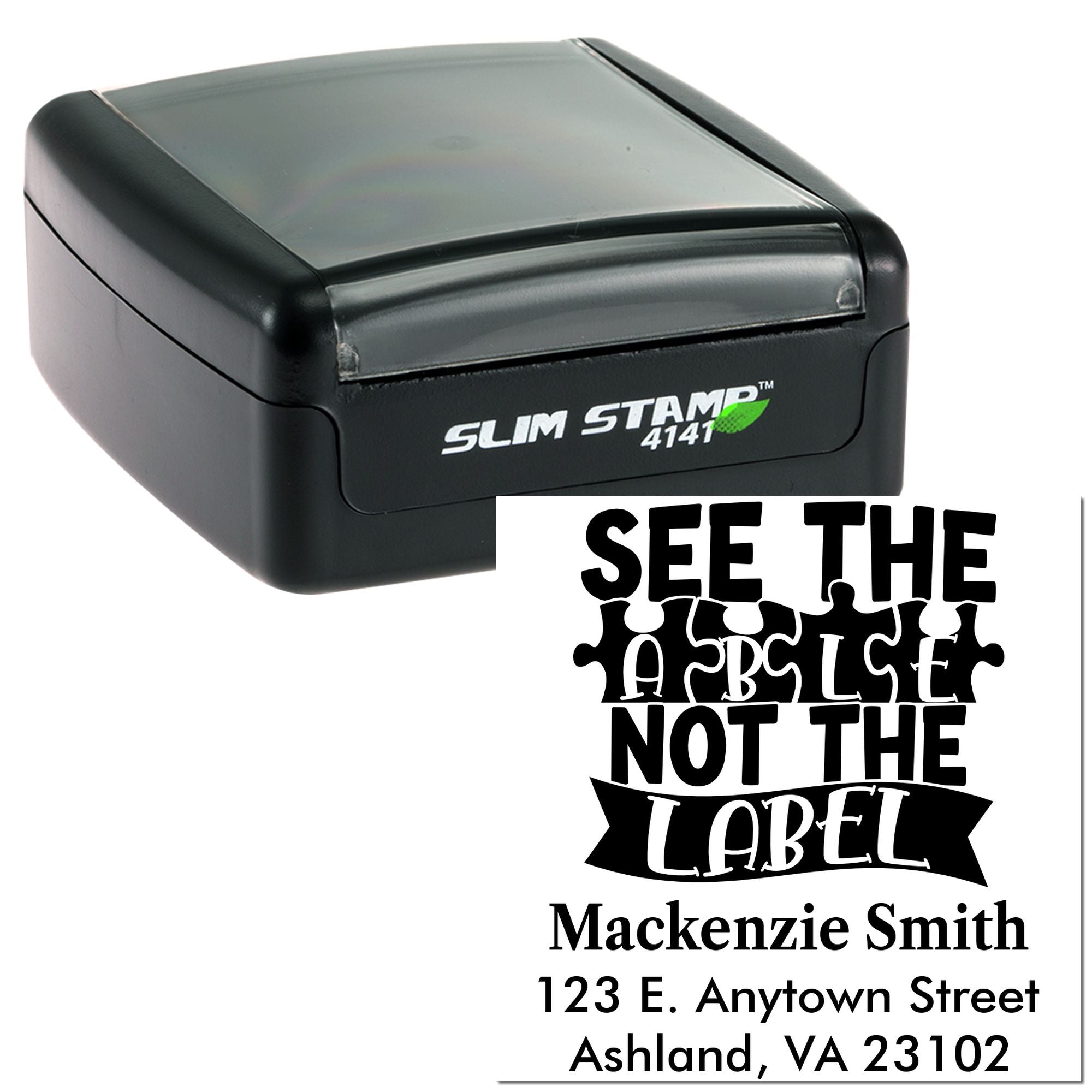 Custom self-inking rubber stamp with See the Able Not the Label design and personalized address imprint.