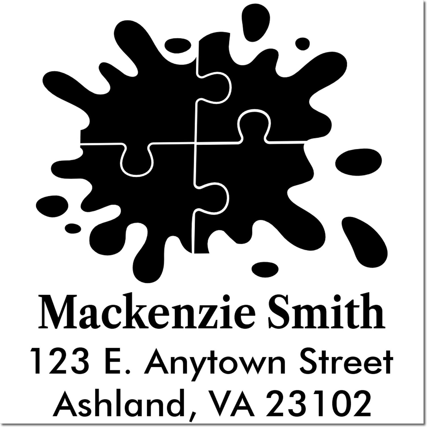 Custom return address rubber stamp with puzzle-piece splash logo for Mackenzie Smith, Ashland, VA 23102.