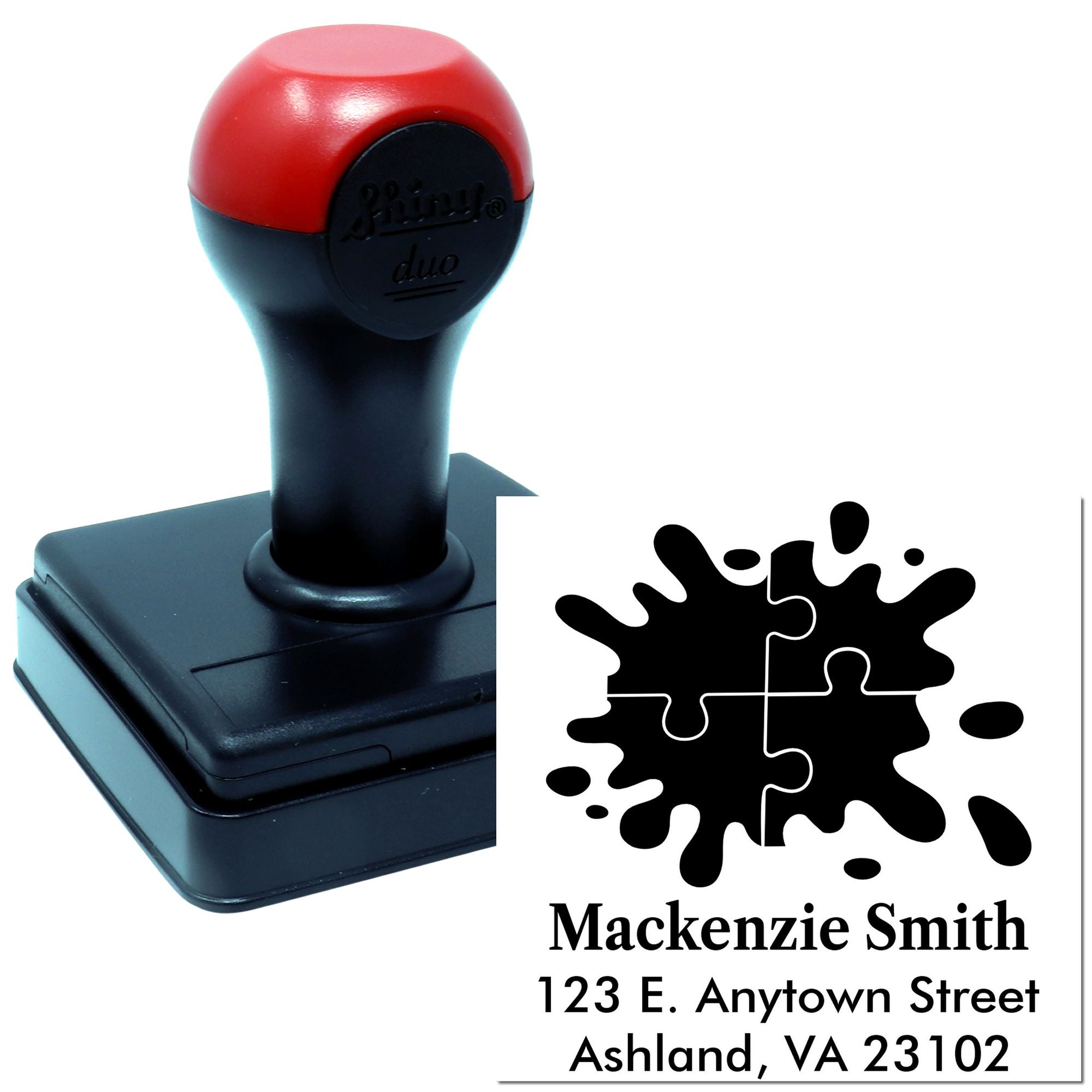 Custom self-inking rubber stamp with logo and address design for personalized business or return mailing use.