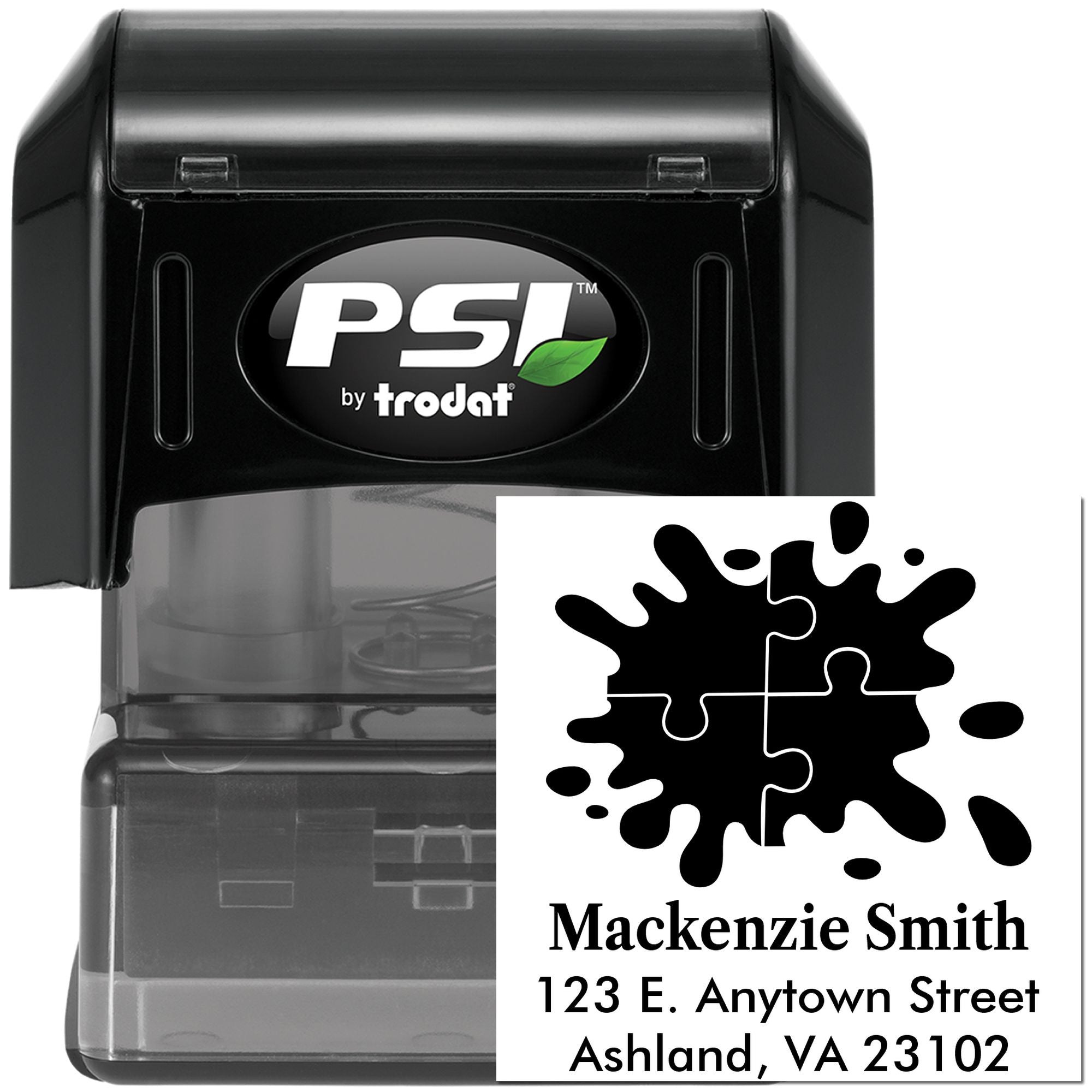 PSI by Trodat self-inking rubber stamp with custom return address and puzzle splash design for mailing and branding