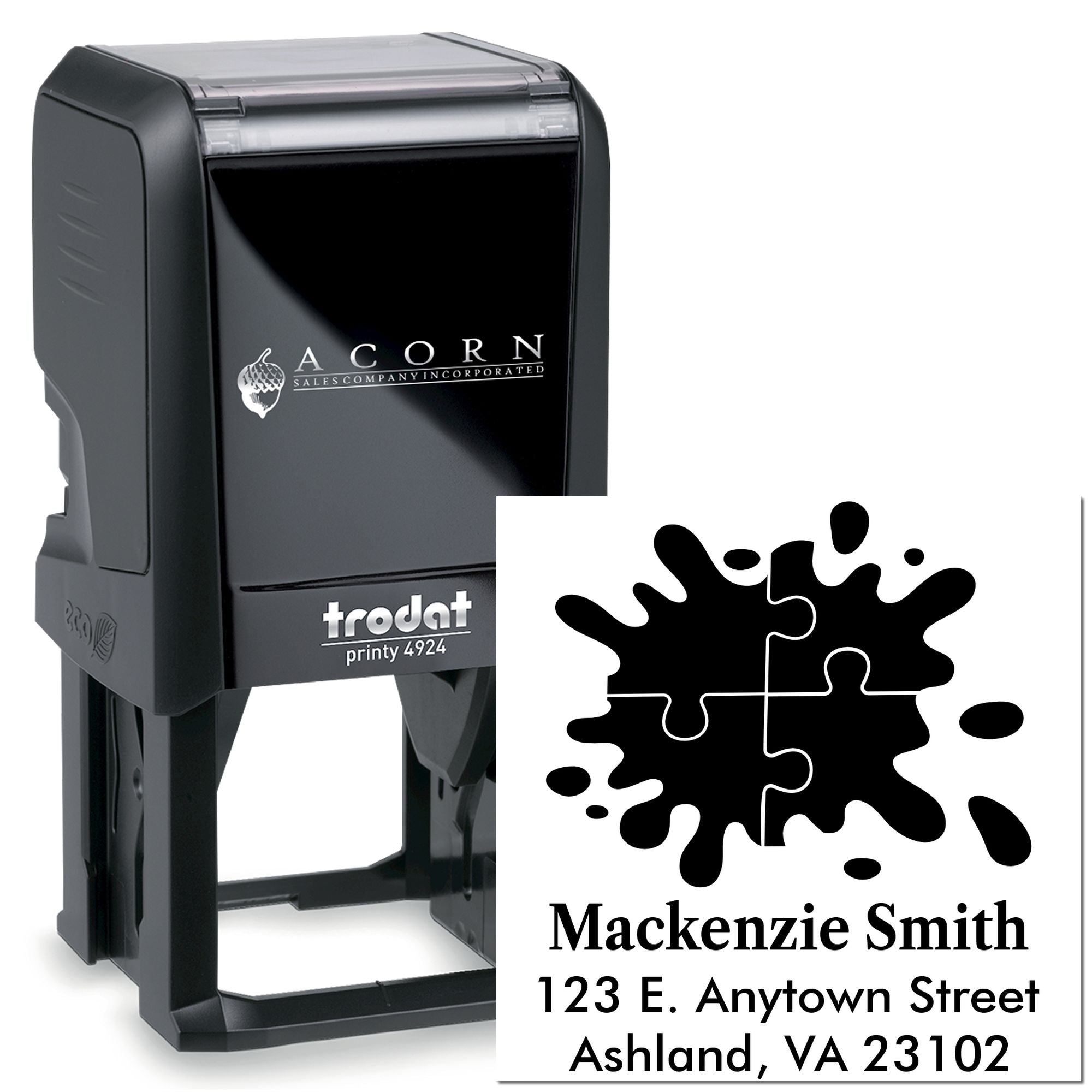 Trodat Printy 4924 custom self-inking rubber address stamp with puzzle splash logo for personalized mailing.
