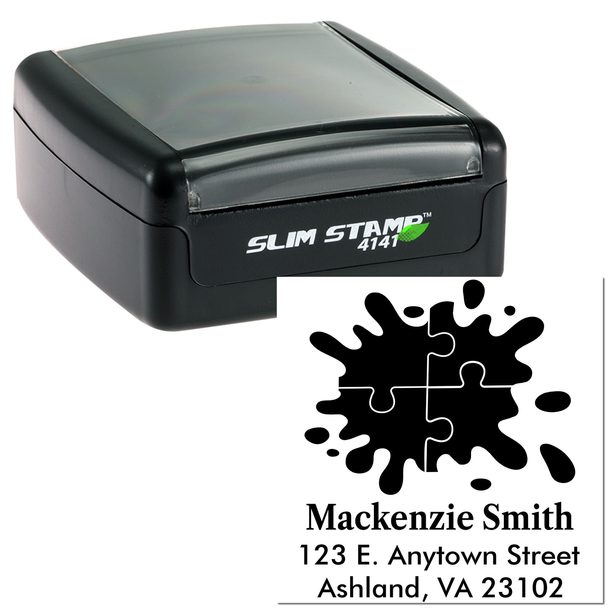 Custom self-inking rubber address stamp, Slim Stamp 4141, with personalized name and address imprint for mailing and business use.