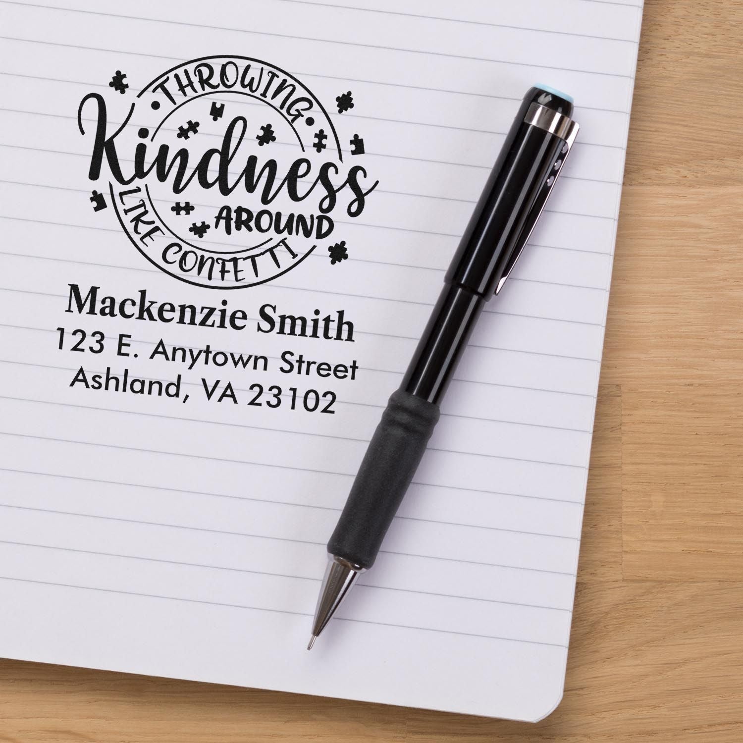 Personalized rubber stamp with Throwing Kindness Around Like Confetti and custom return address imprint.