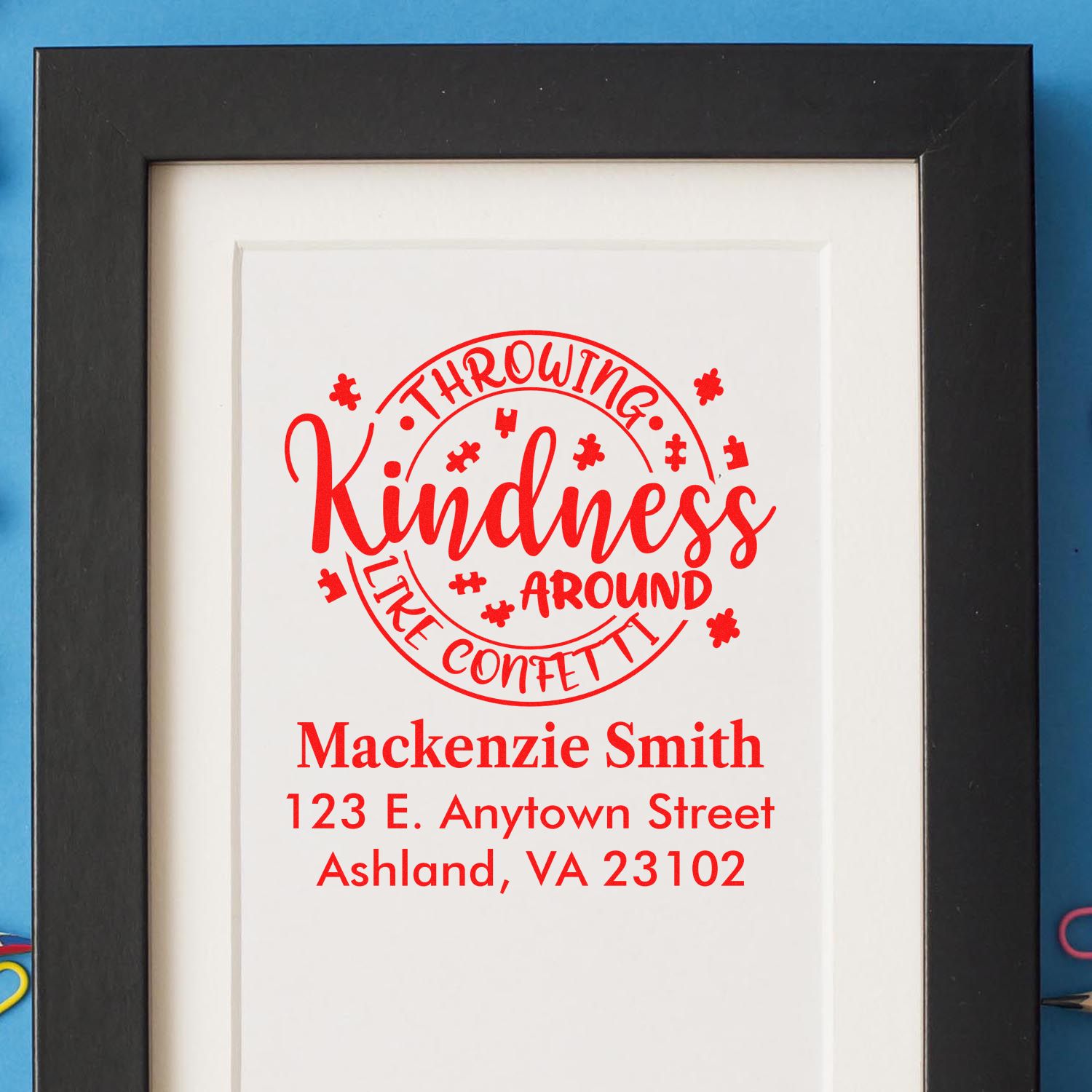 Personalized return address rubber stamp design reading Throwing Kindness Around Like Confetti with name and address.