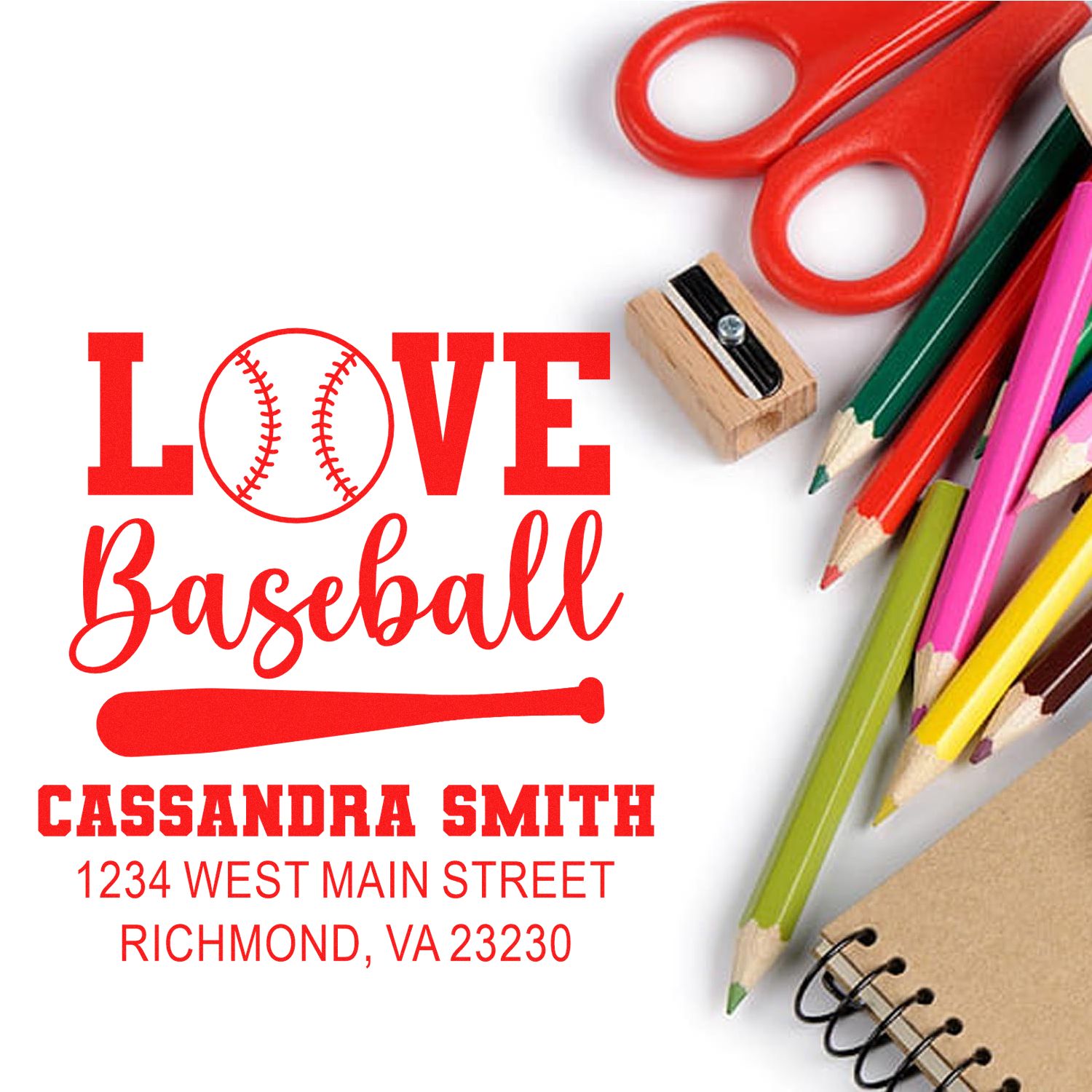 Custom baseball love rubber stamp with name and address, ideal for personalized stationery, teacher gifts, and sports fans.