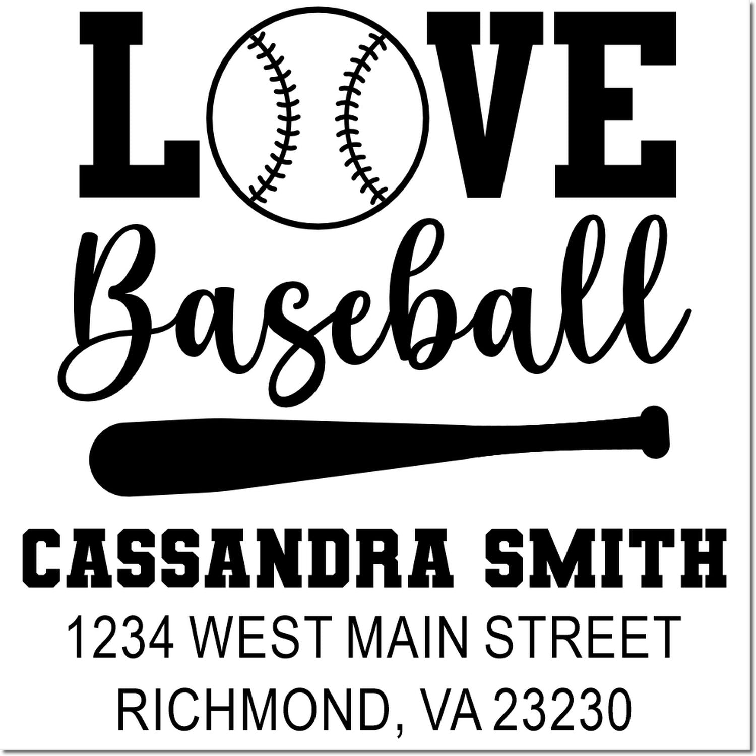 Custom baseball-themed rubber stamp with LOVE Baseball, bat graphic, and Cassandra Smith Richmond, VA return address.