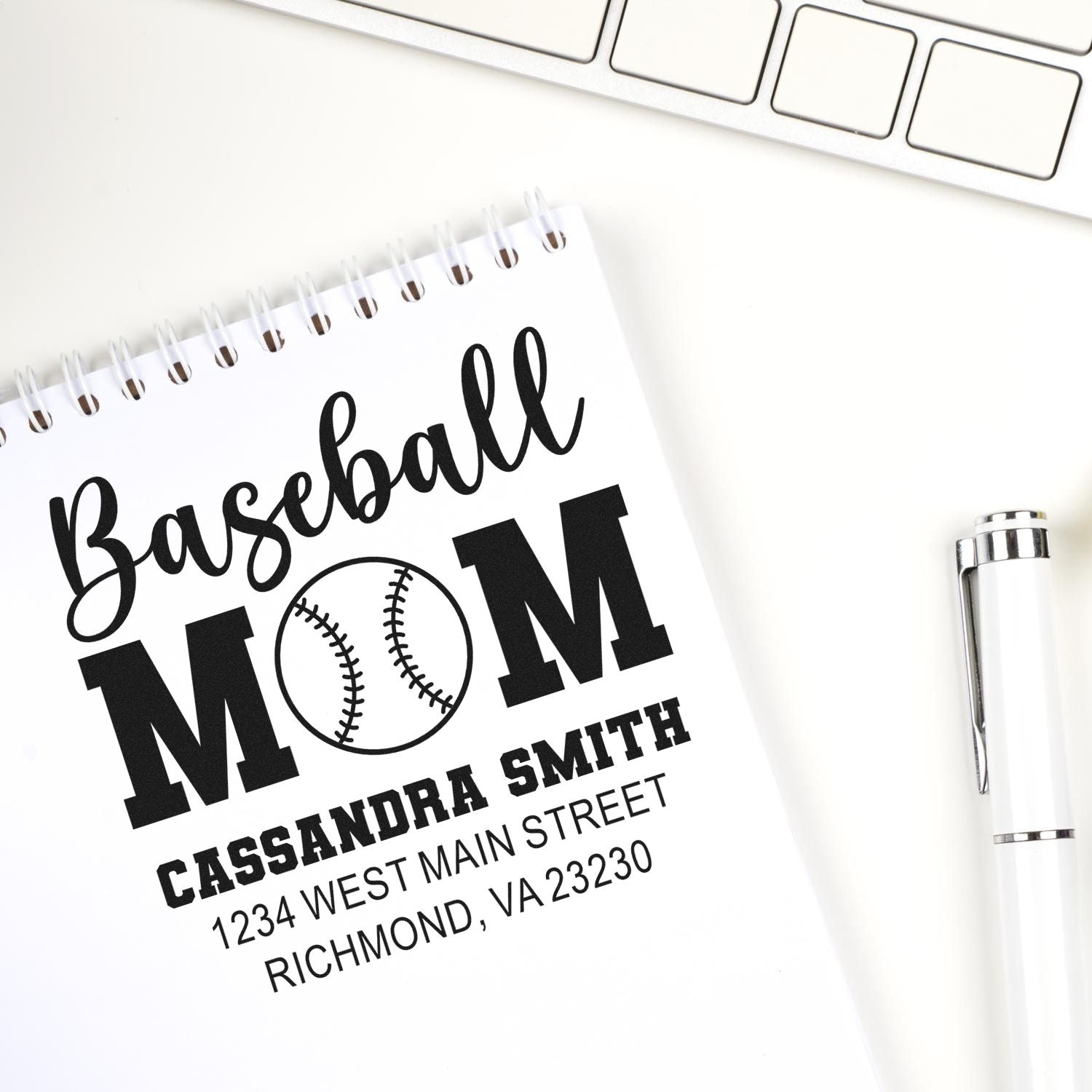 Personalized baseball mom rubber stamp with name and address for custom sports-themed stationery, mailings, and gifts.