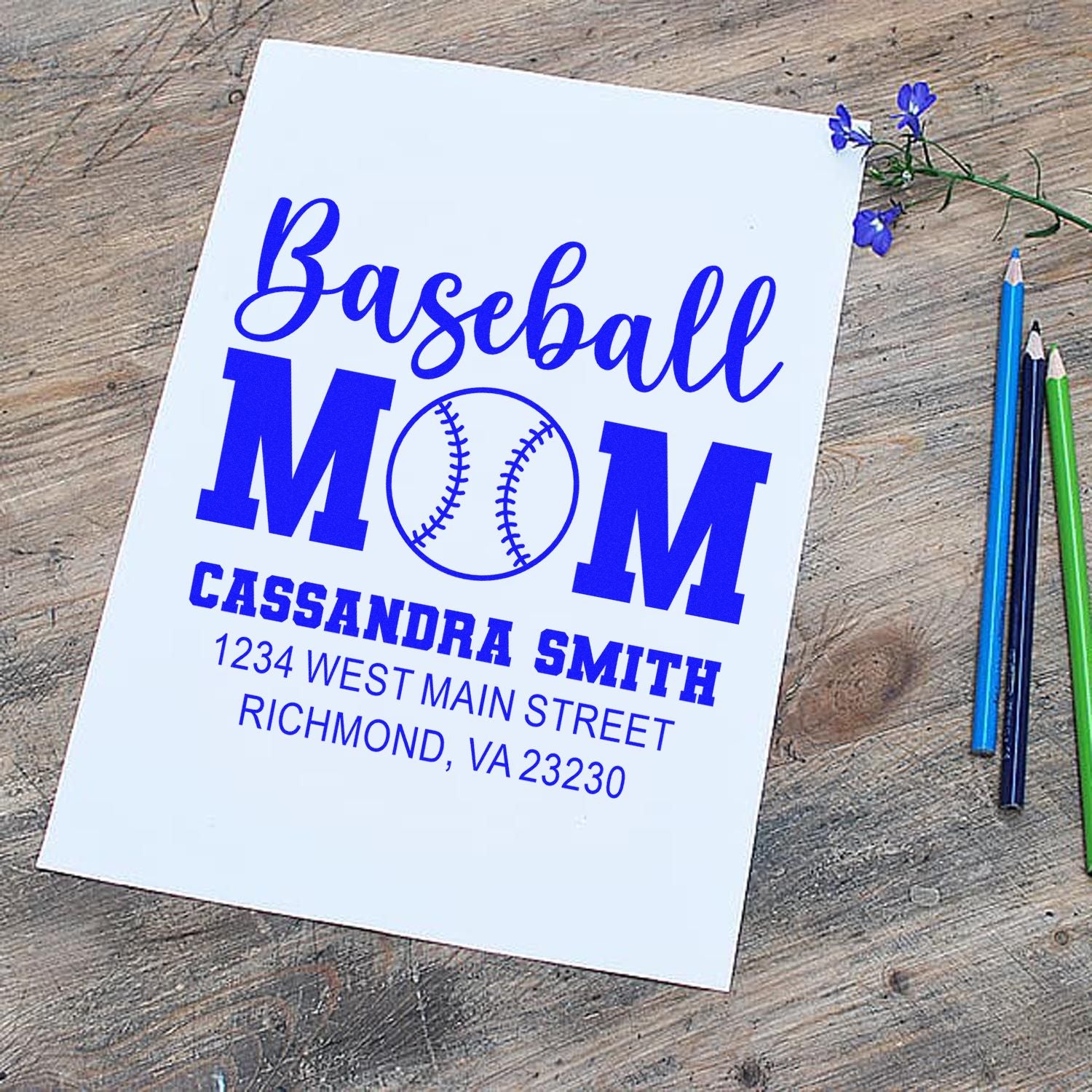 Custom Baseball Mom rubber stamp with name and return address for personalized sports mailings.