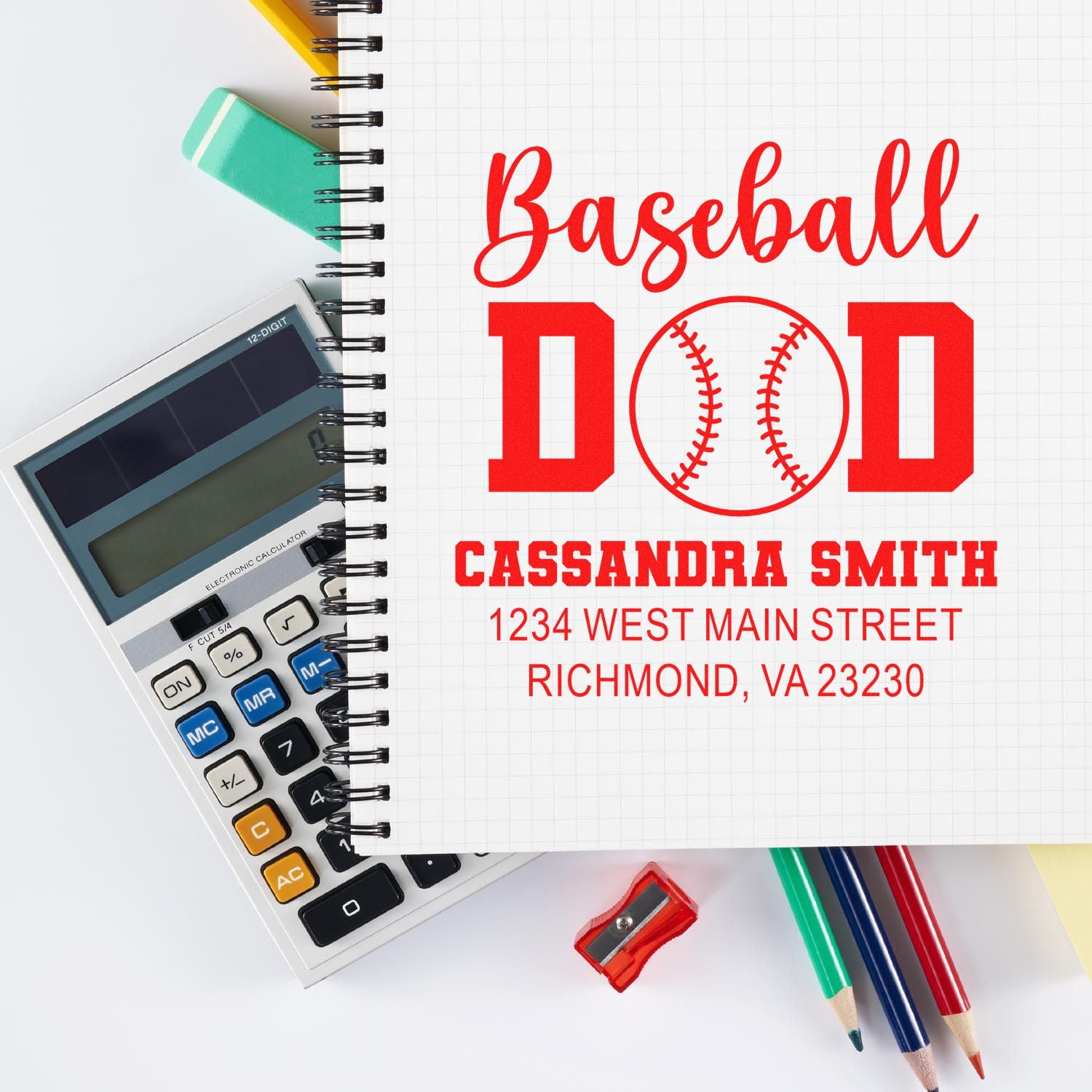 Custom baseball dad rubber stamp with name and address for personalized return address and sports-themed crafts.