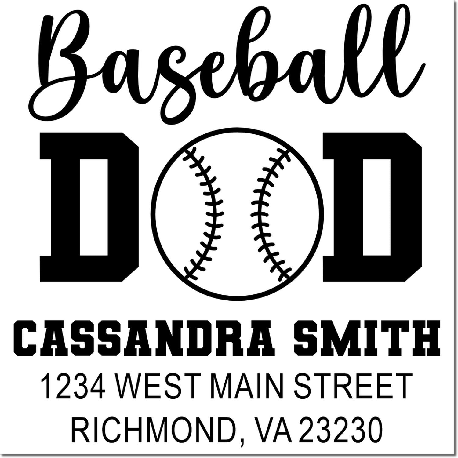 Custom baseball dad rubber stamp with Cassandra Smith name and address for personalized sports-themed mailings.