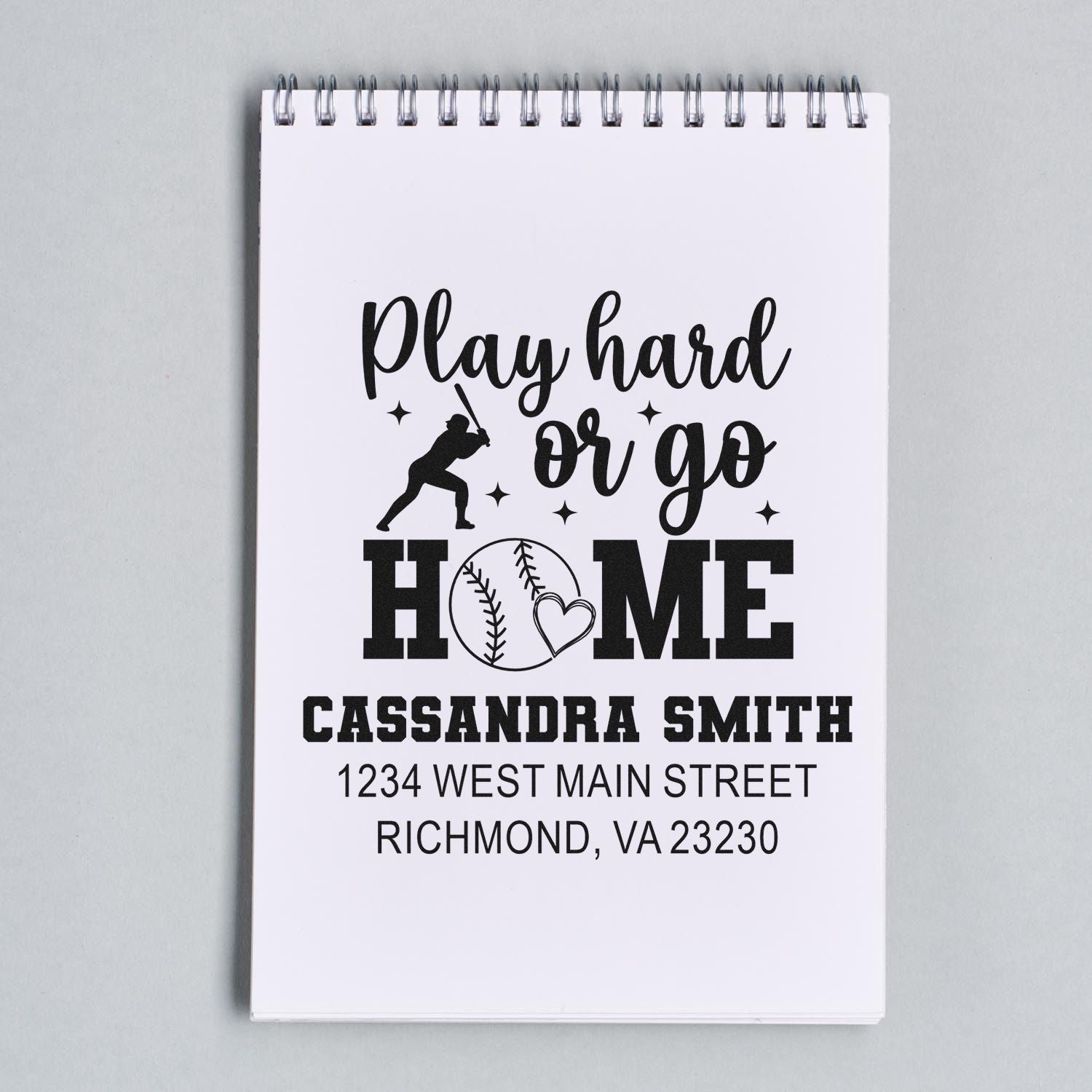 Custom baseball rubber stamp with Play hard or go home, personalized name and address for sports-themed mailings.