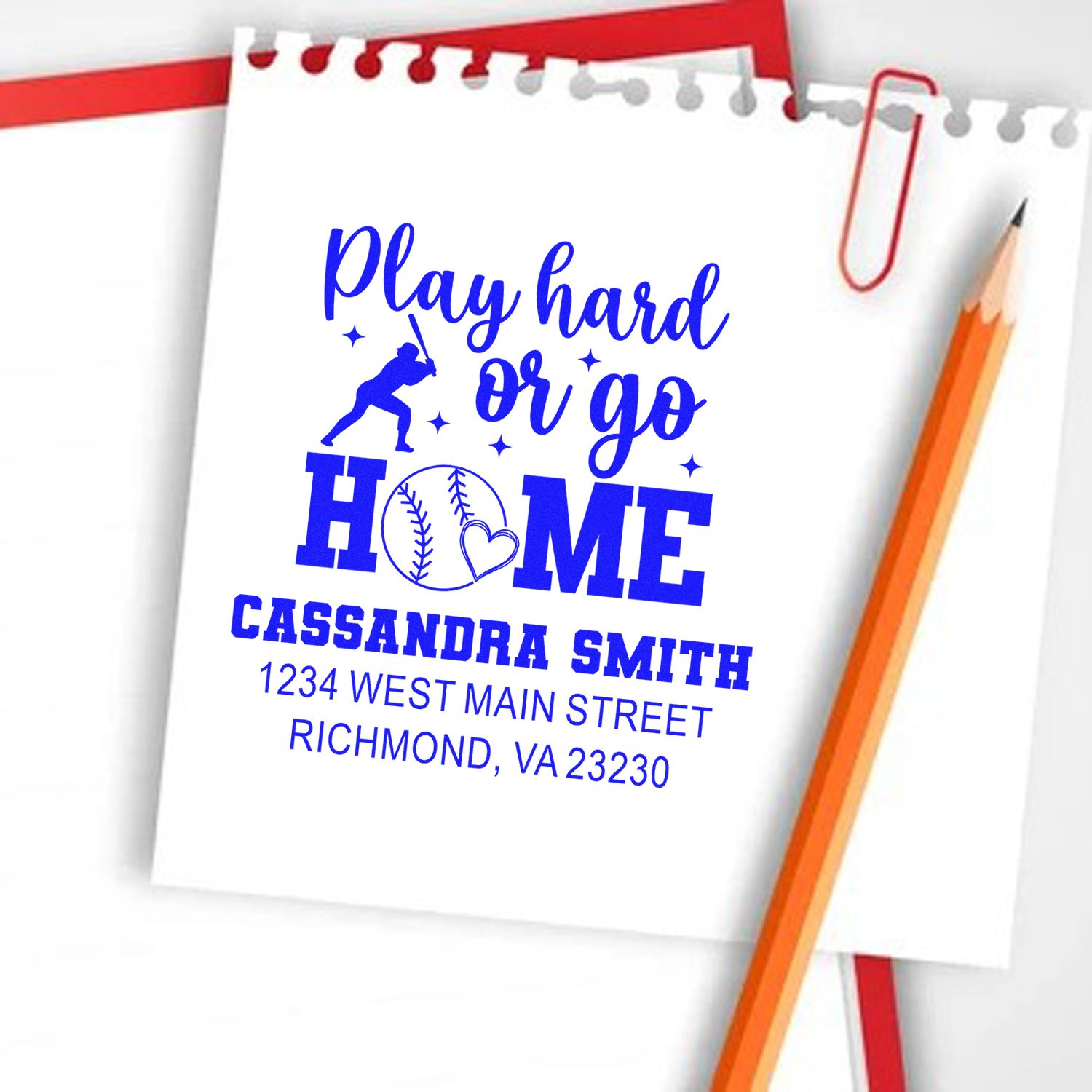 Custom baseball-themed rubber stamp design with Play Hard or Go Home and personalized name and address for sports fans.