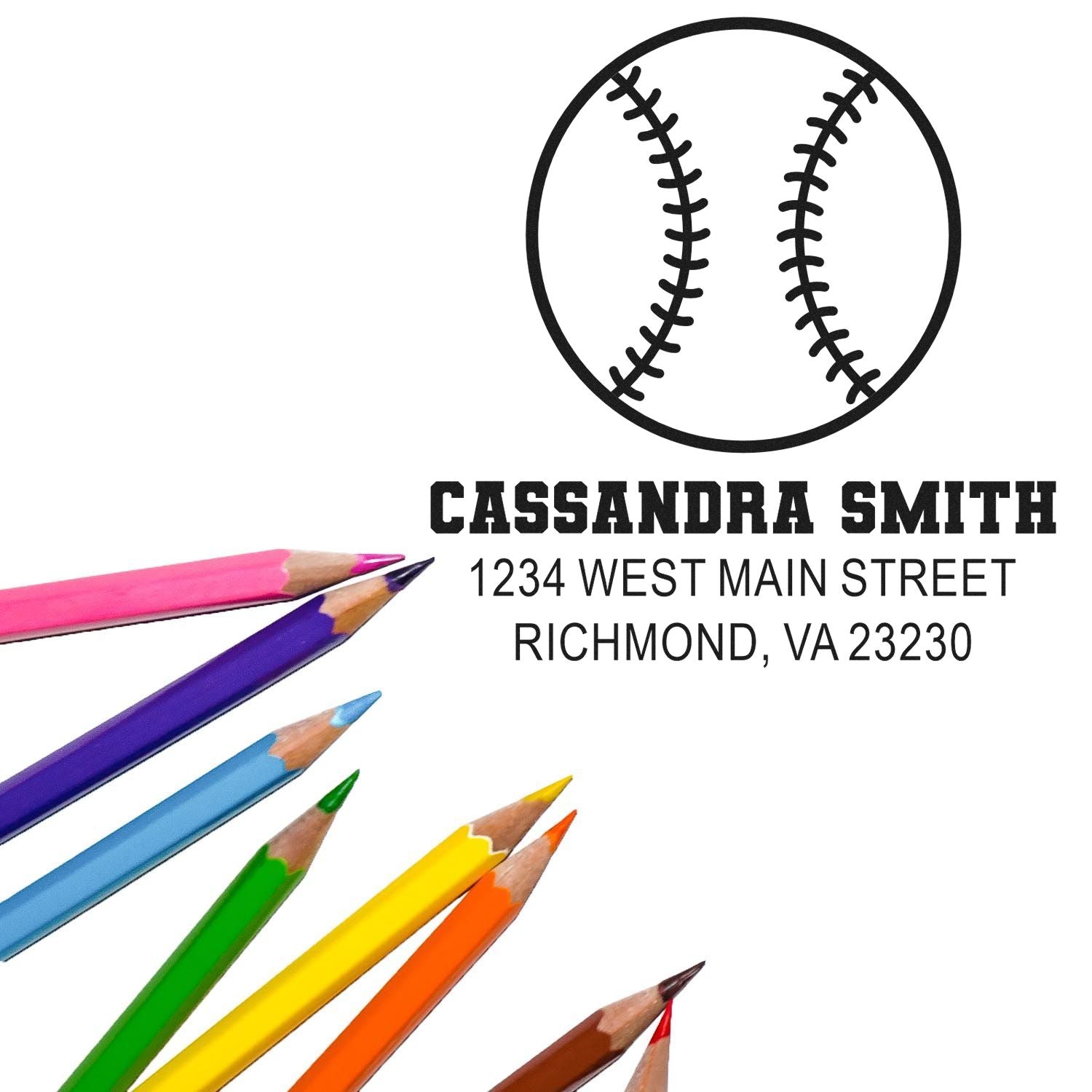 Personalized baseball return address rubber stamp for Cassandra Smith, Richmond VA, with colorful pencil design.