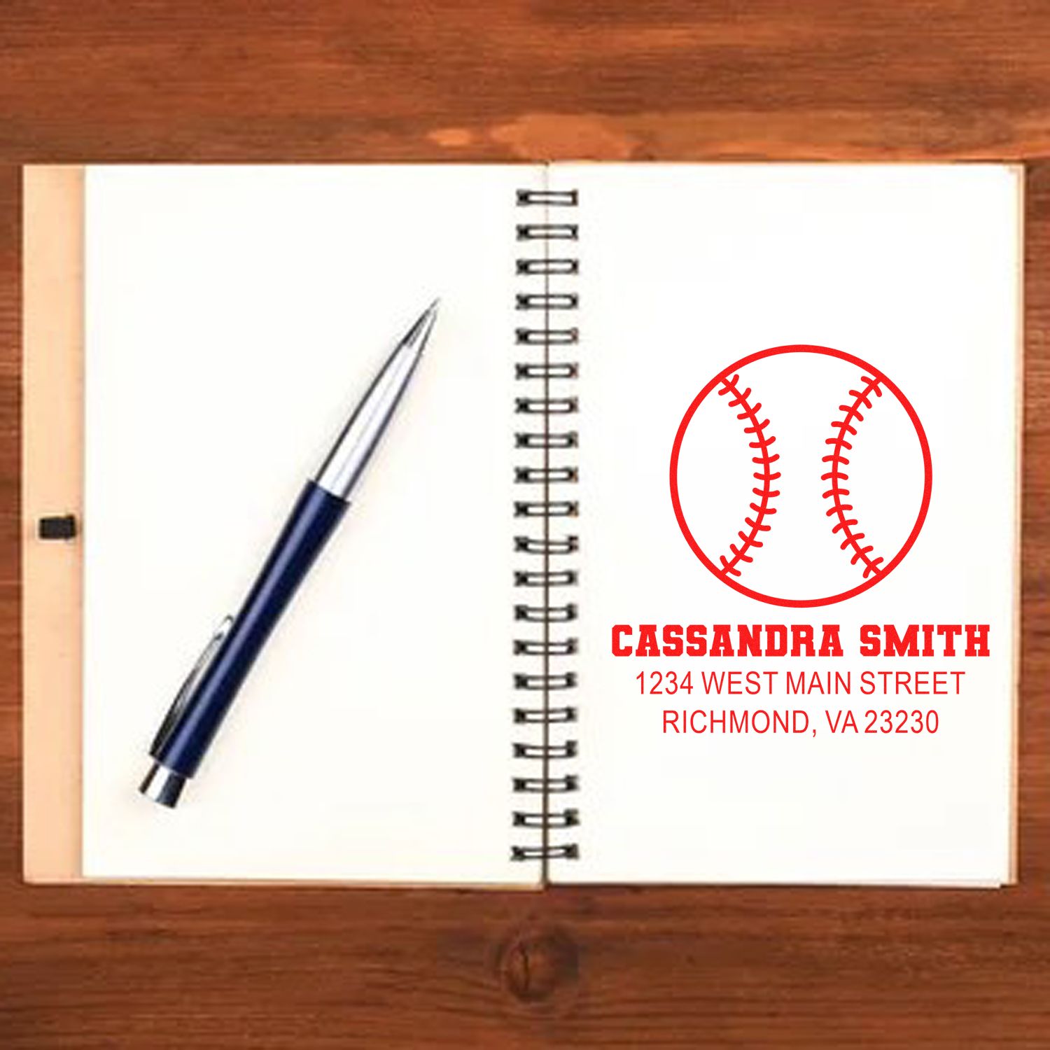 Custom baseball return address rubber stamp with name and address for stationery, cards, and mail.