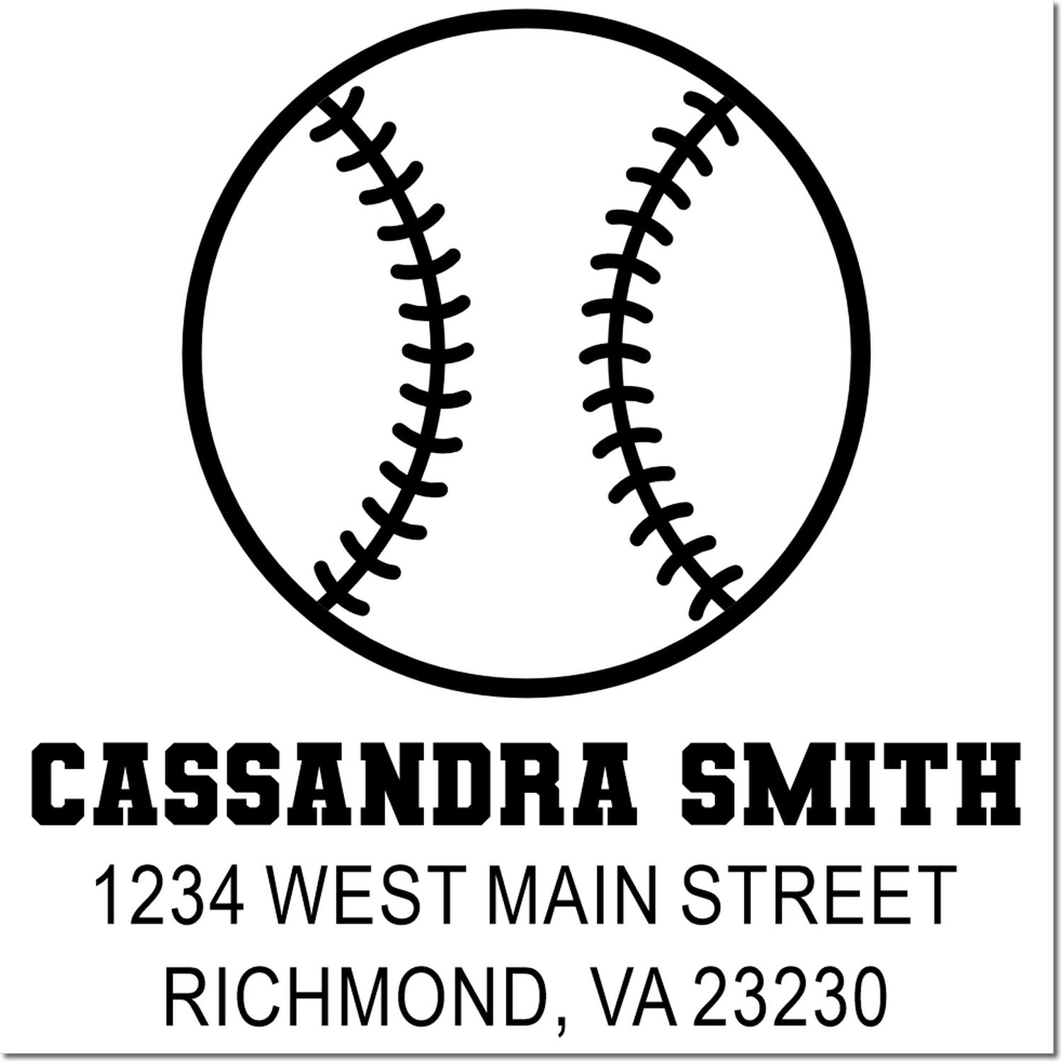 Custom baseball return address rubber stamp for Cassandra Smith, 1234 West Main Street, Richmond, VA 23230.