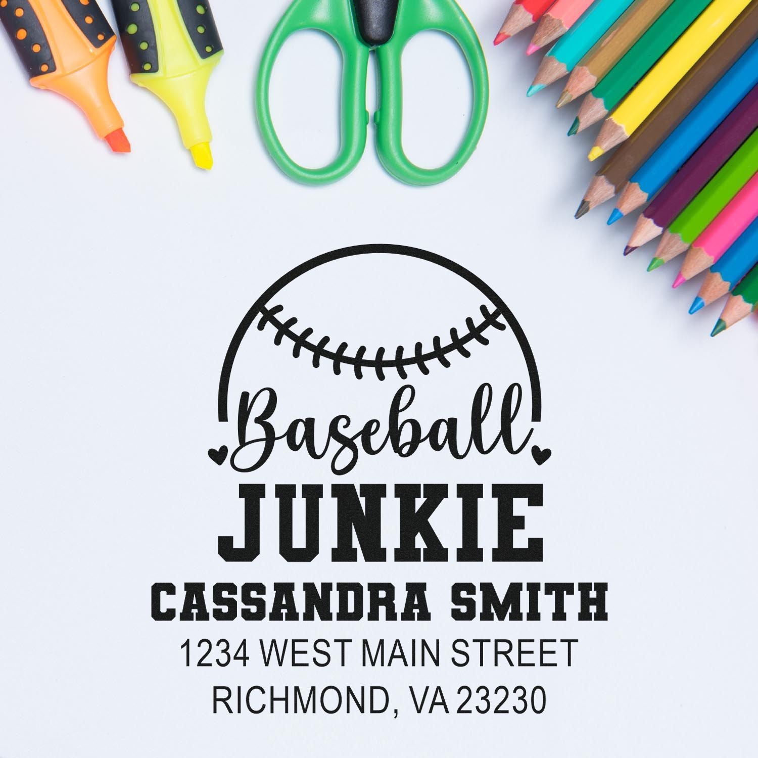 Custom baseball address rubber stamp with name, street address, and city for personalized sports-themed mailing.