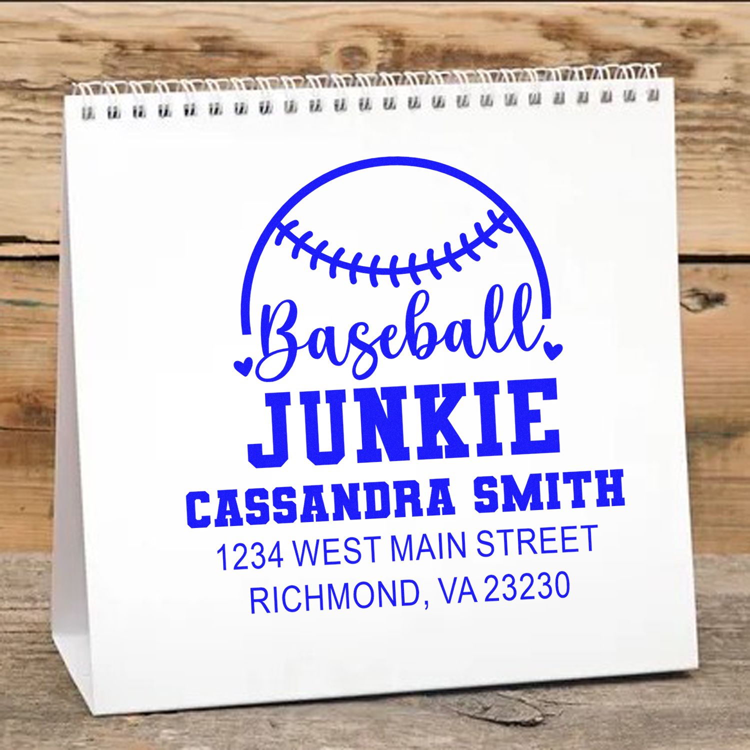 Personalized baseball junior rubber stamp with name and address, ideal for custom sports stationery, bags, and gift packaging.