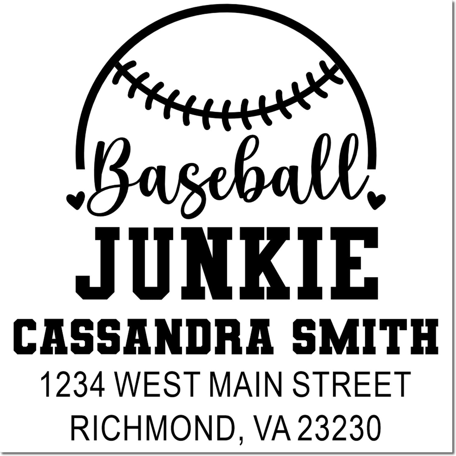 Custom baseball junkie return address rubber stamp for Cassandra Smith, Richmond, VA 23230