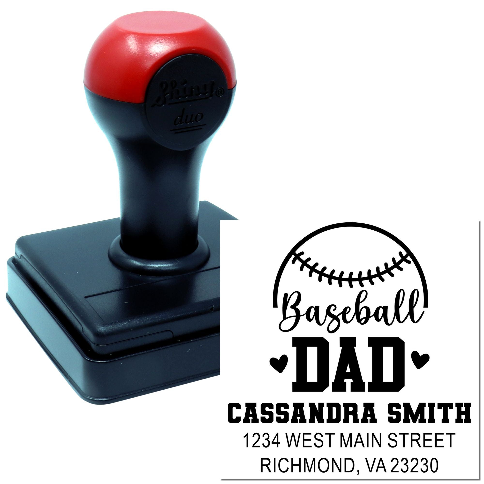 Personalized self-inking baseball dad rubber stamp with custom name and address for sports-themed mailing.