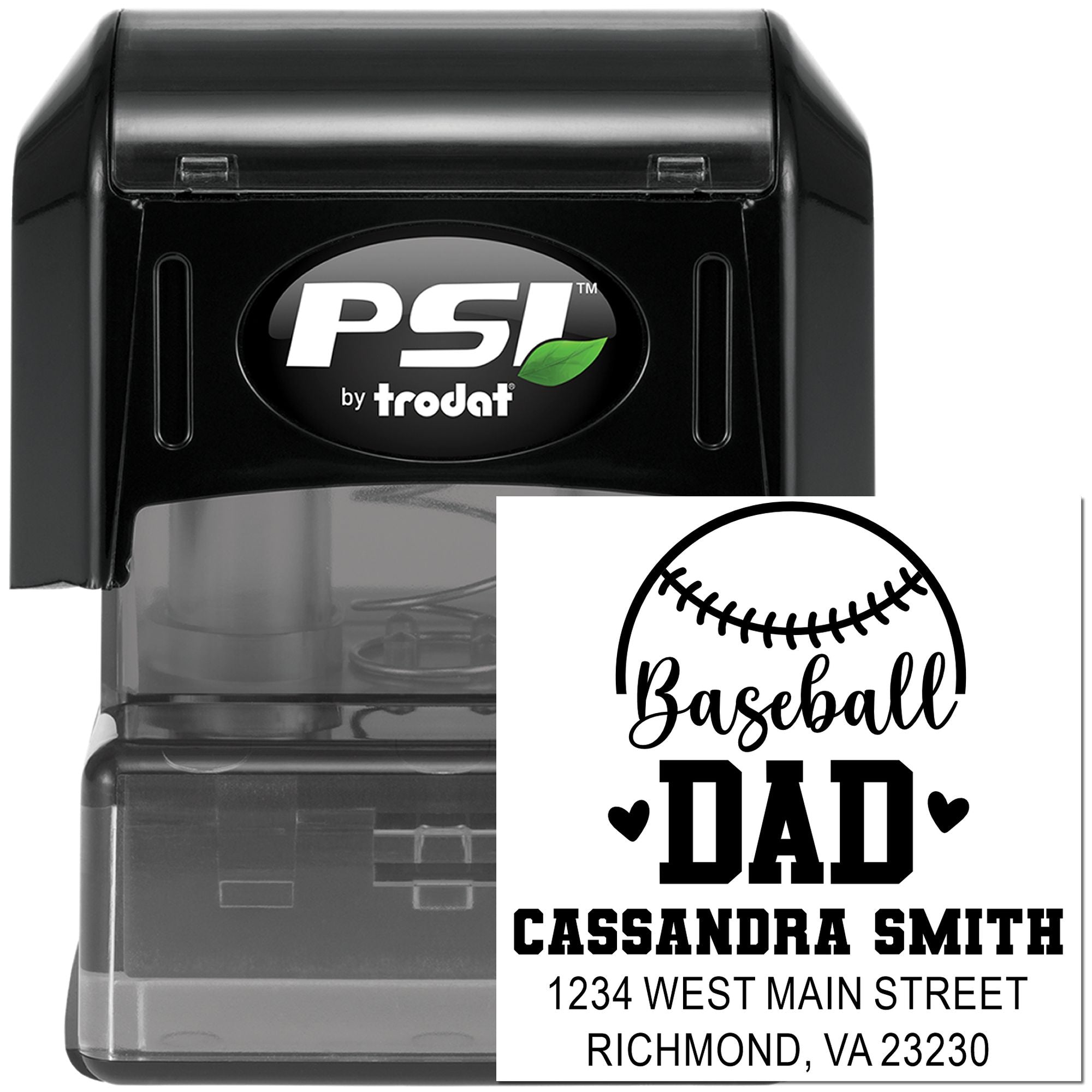 PSI by Trodat self-inking rubber stamp with custom baseball dad return address design for personalized gifts.