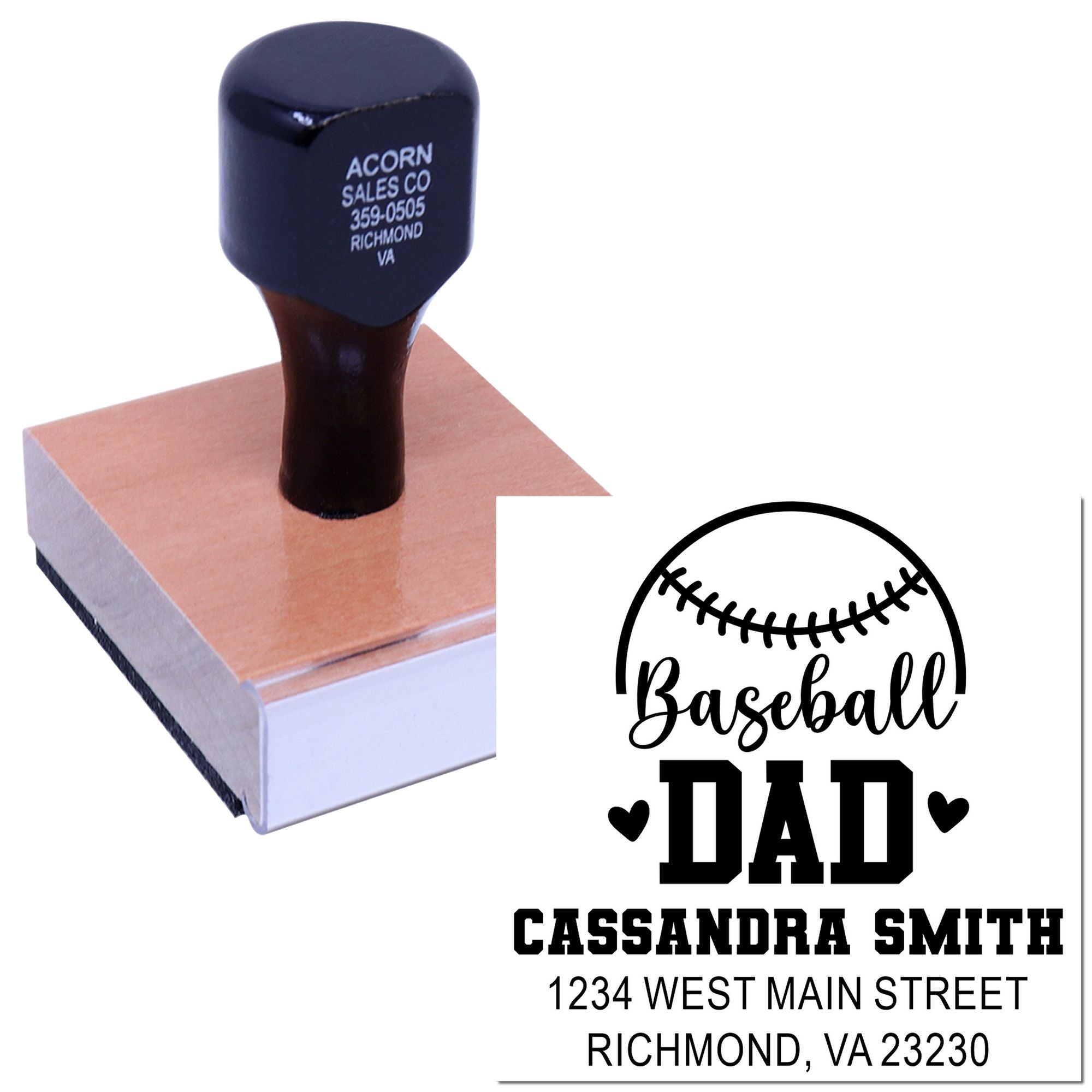 Custom baseball dad rubber stamp for personalized address imprint, shown on ink pad with sample design and mailing details.